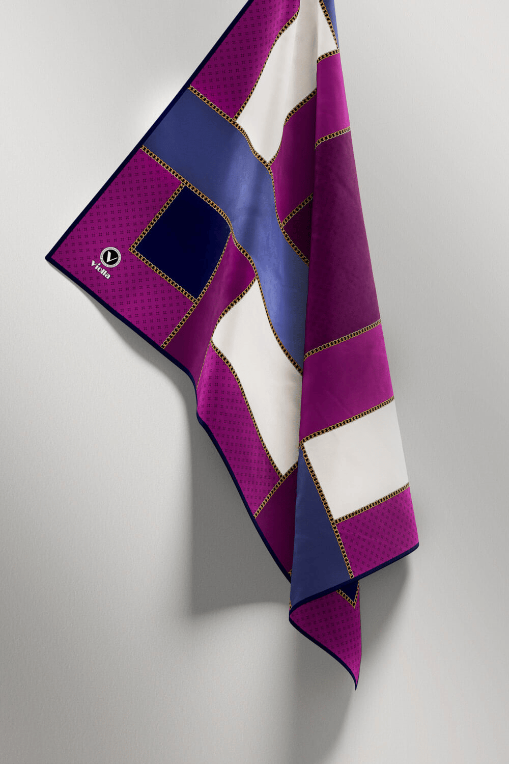 Twill Geometrik Desenli Mürdüm - İndigo Renkli 90x90 Eşarp (İpek İçermez) Kenar Dikiş Şekli El Dikişli