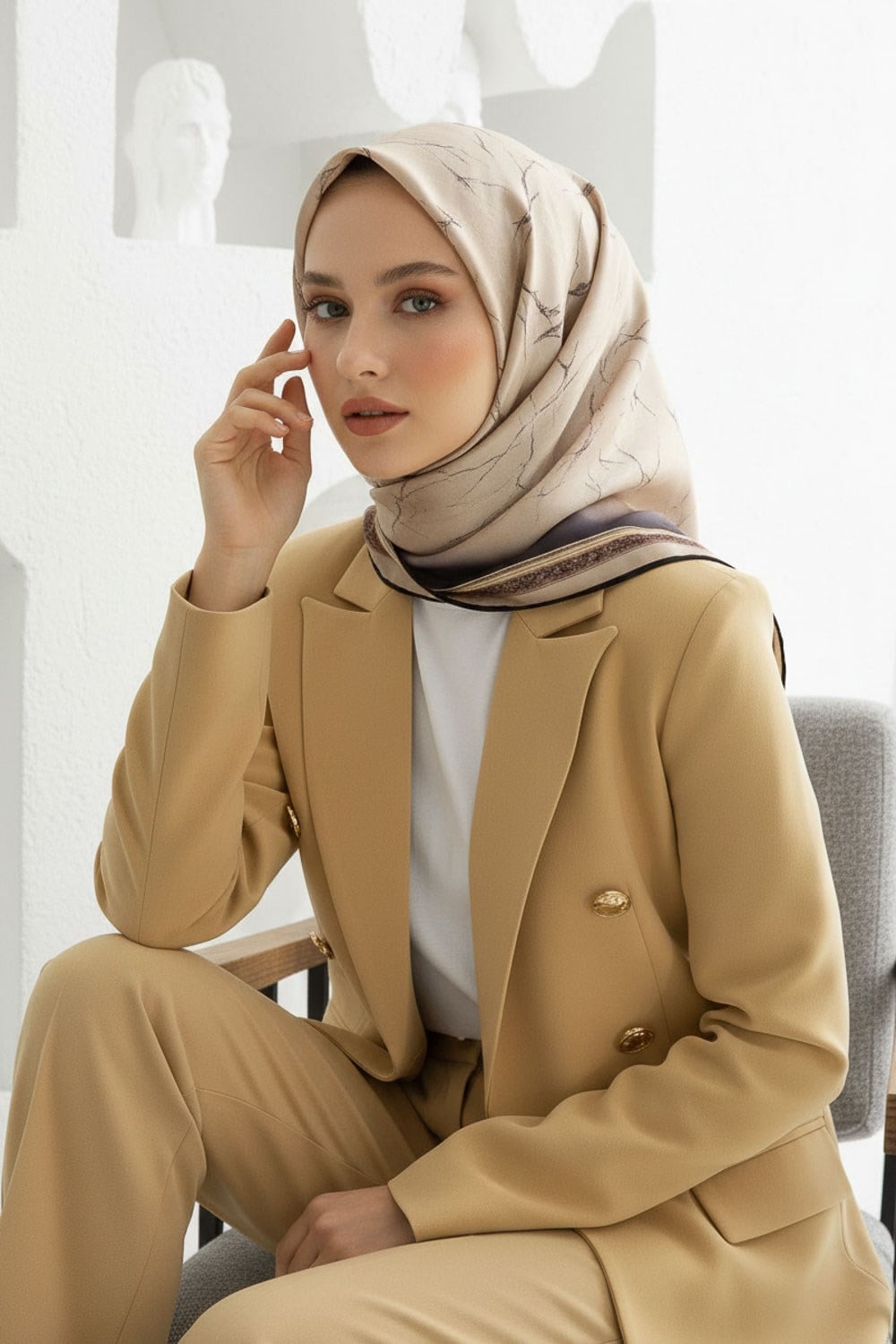 % 57 İPEK % 43 VİSKON Twill İpek Mermer Desenli Taş Renkli 90x90 Eşarp Dikim Şekli : El Dikişi