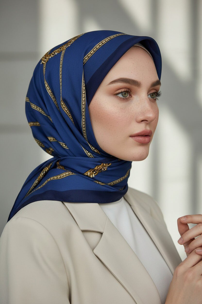 KREP ZİNCİR DESENLİ İNDİGO RENKLİ 75X195 KIRIŞMAZ ŞAL