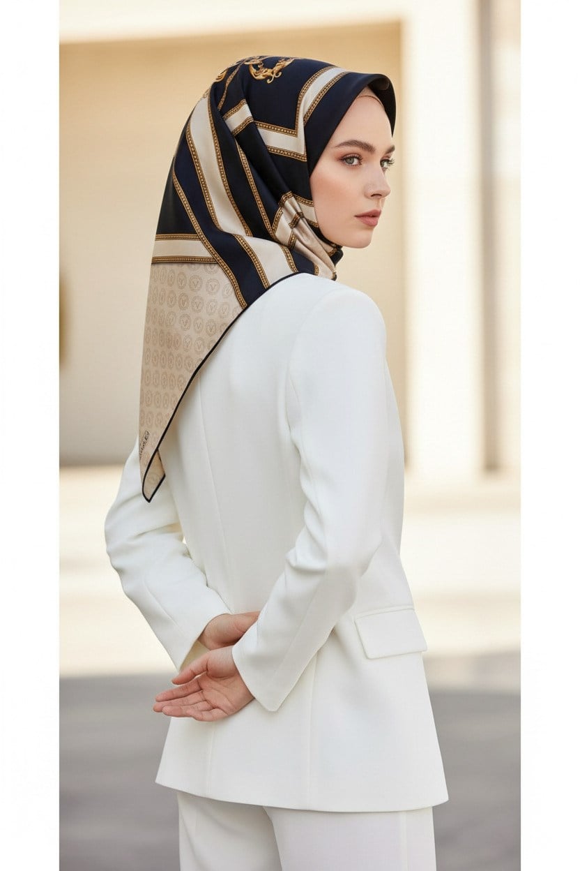 %100 Twill İpek Monogram ve Barok Desenli Lacivert - Krem Renkli 90x90 Eşarp Dikim Şekli : El Dikişi