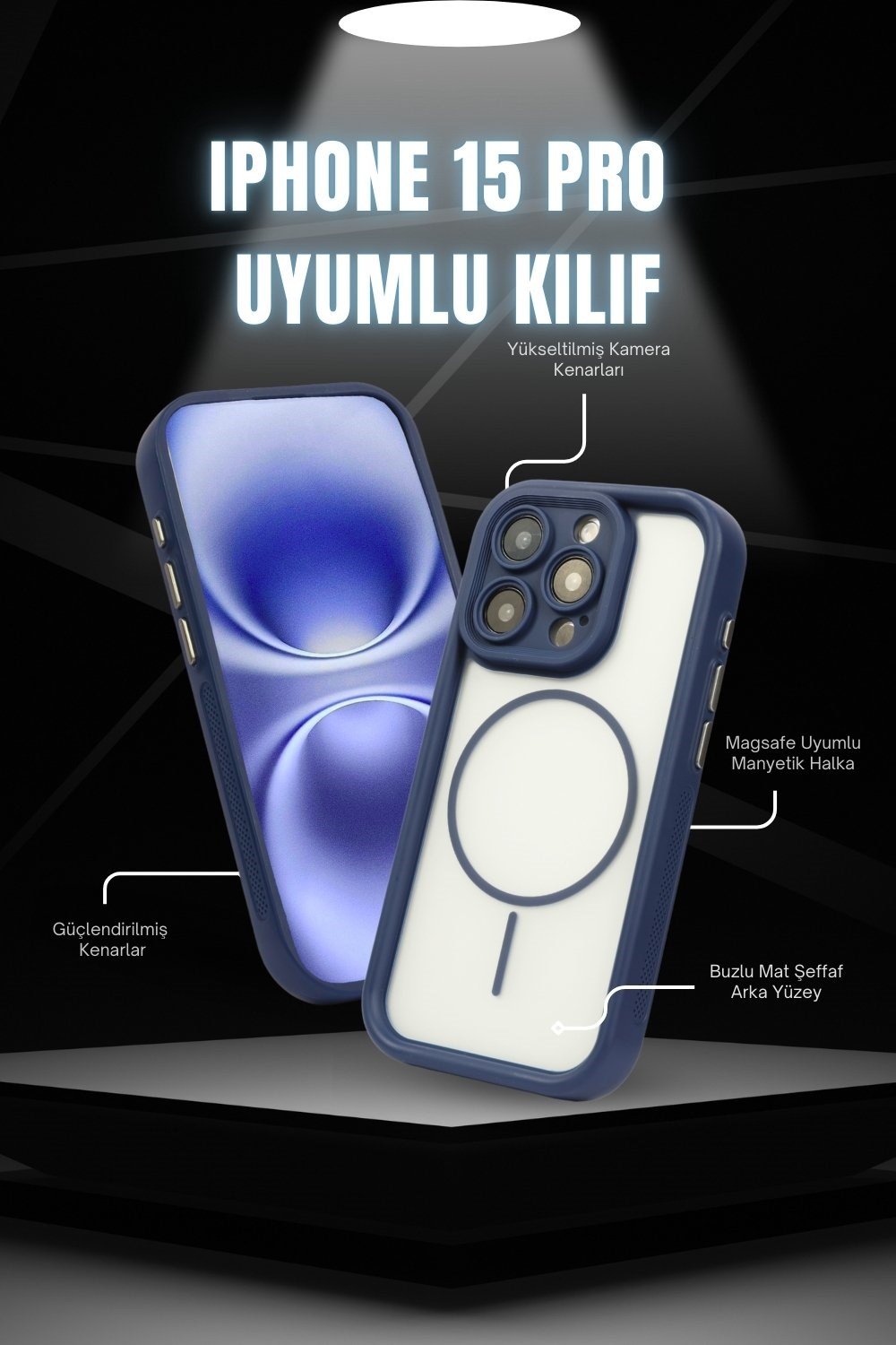 iPhone 15 Pro Kılıf – Kamera Korumalı – MagSafe Uyumlu – Lacivert Renk – Mat Silikon Telefon Kılıfı