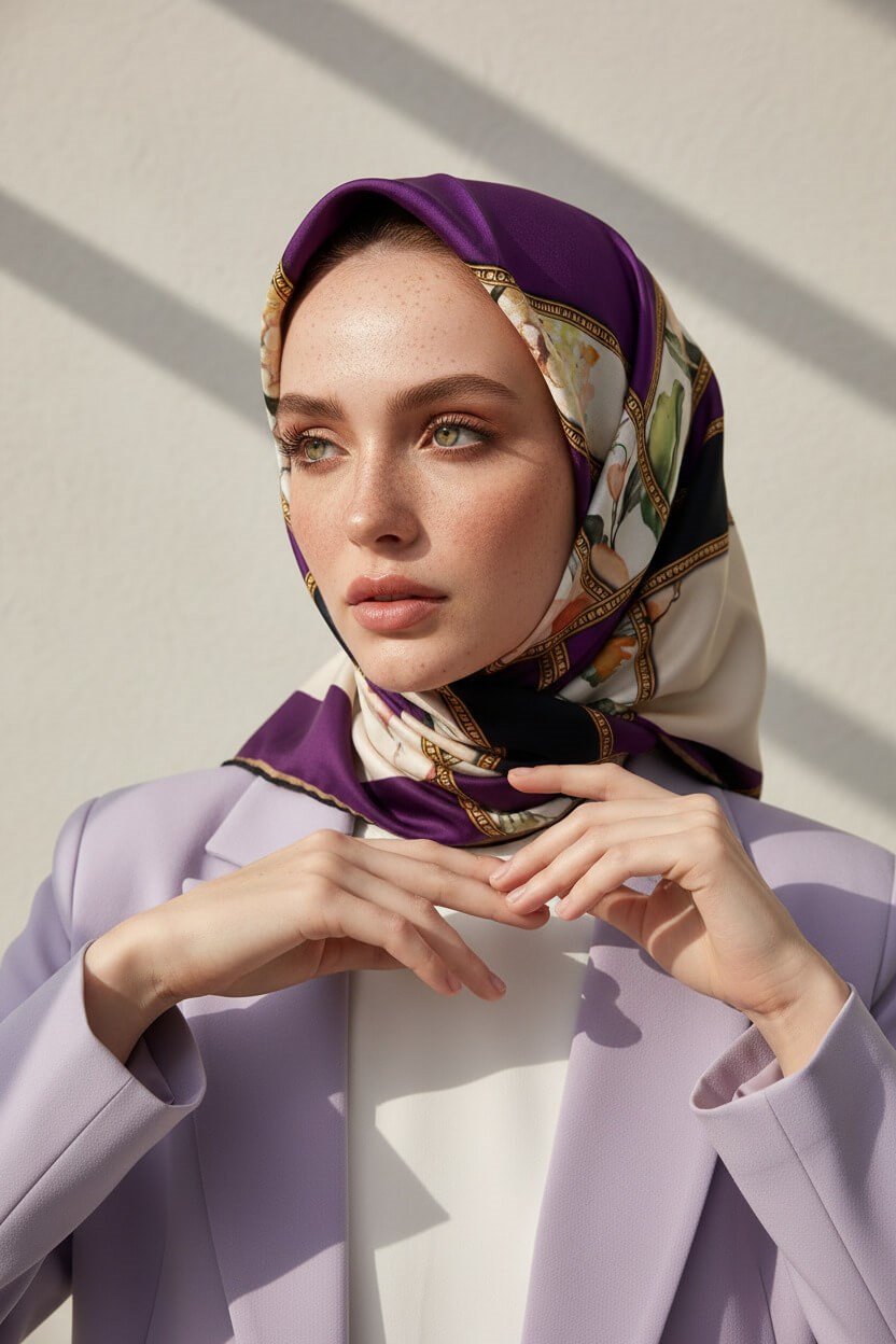 100% Twill İpek Şeritli Çiçek Desenli Krem - Mürdüm Renkli 90x90 Dikim Şekli : El Dikişi Eşarp