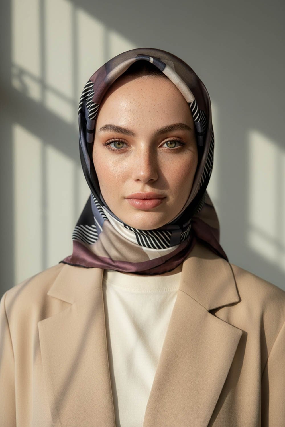 %100 Twill İpek Zebra Desenli Bej - Pudra Renkli 90x90 Eşarp Dikim Şekli : El Dikişi