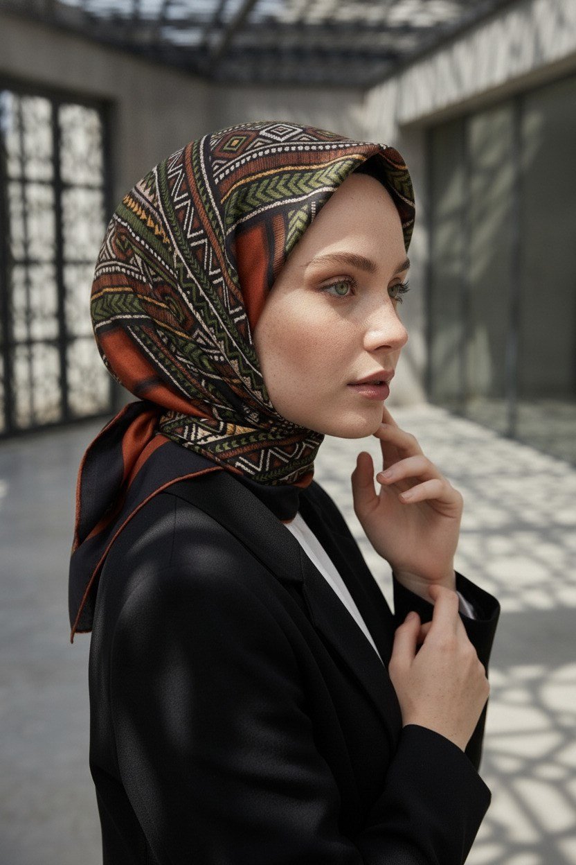 %100 Twill İpek Etnik Desenli Taba - Haki Renkli 90x90 Eşarp Dikim Şekli : El Dikişi