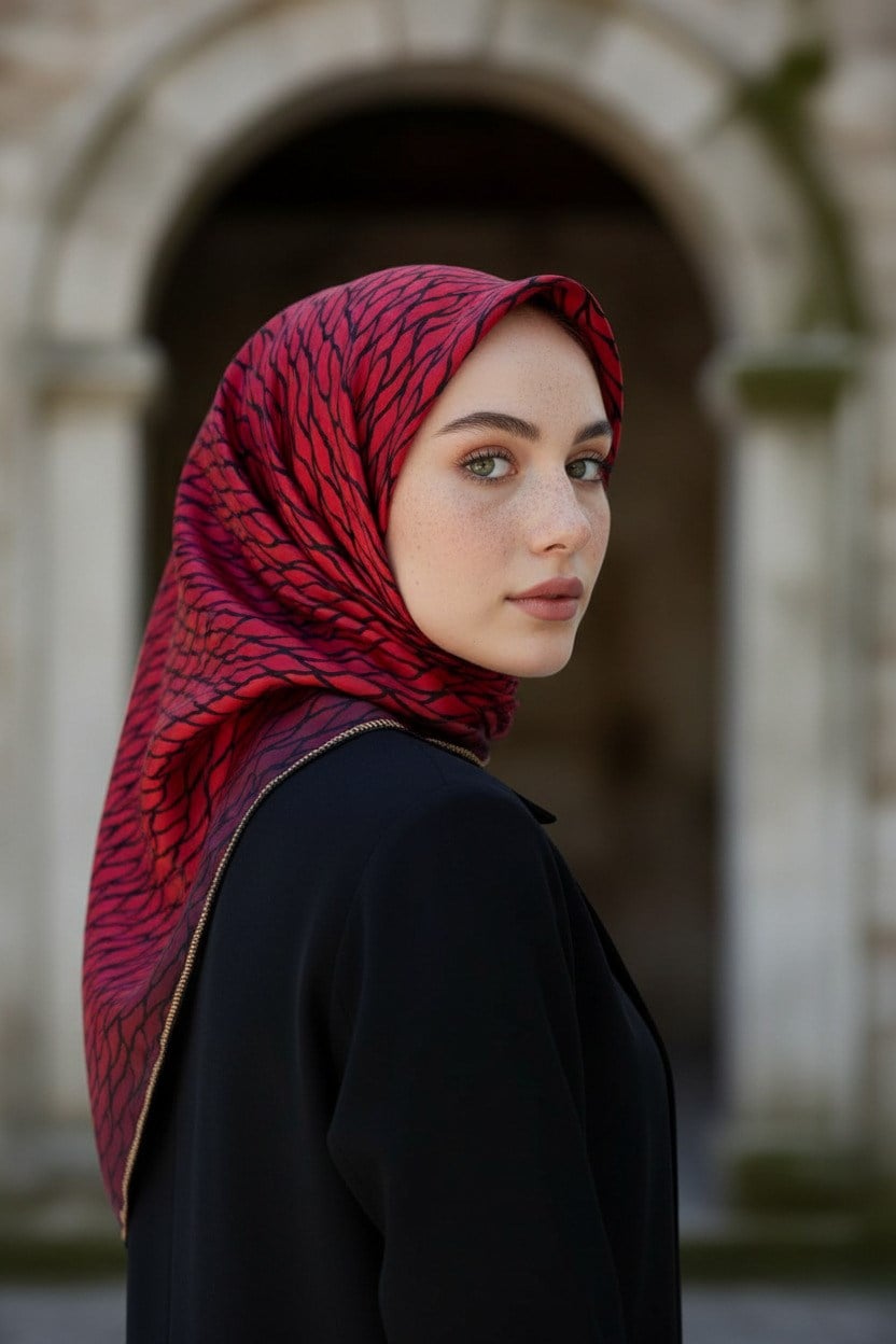 %100 Twill İpek File Desenli Kırmızı - Siyah Renkli 90x90 Eşarp Dikim Şekli : El Dikişi