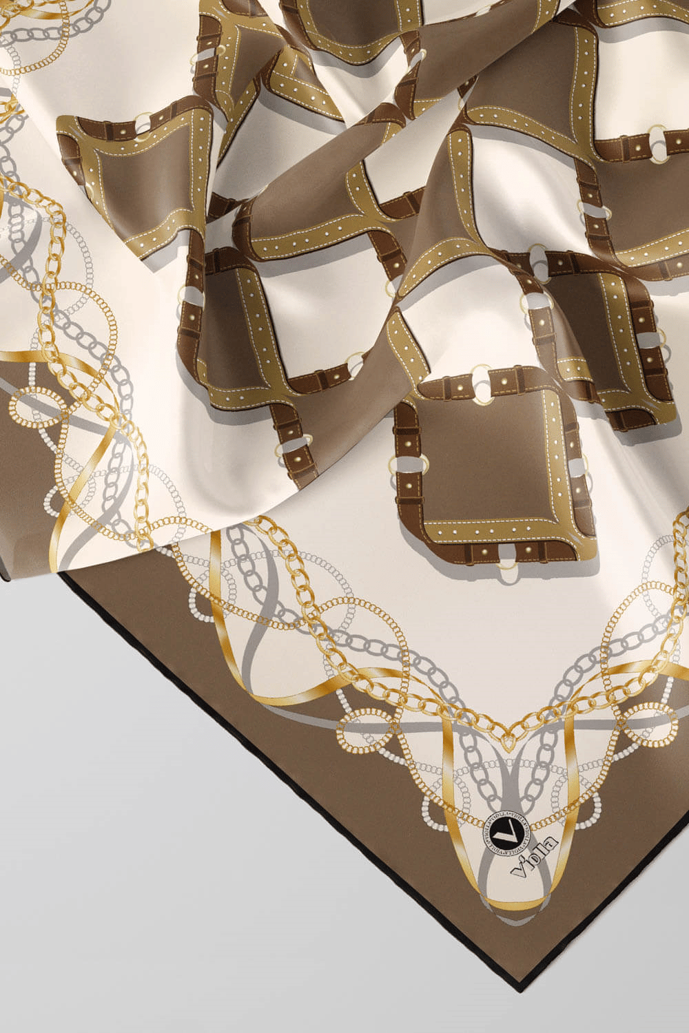 Twill Kemer Ve Zincir Desenli Vizon Renkli 90x90 Eşarp (İpek İçermez) Kenar Dikiş Şekli El Dikişli