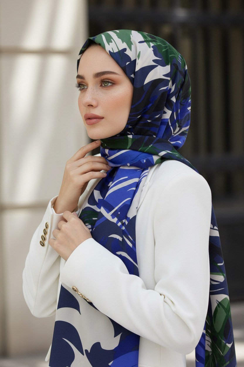 KREP GEOMETRİK DESENLİ SAKS RENKLİ 75X195 KIRIŞMAZ ŞAL