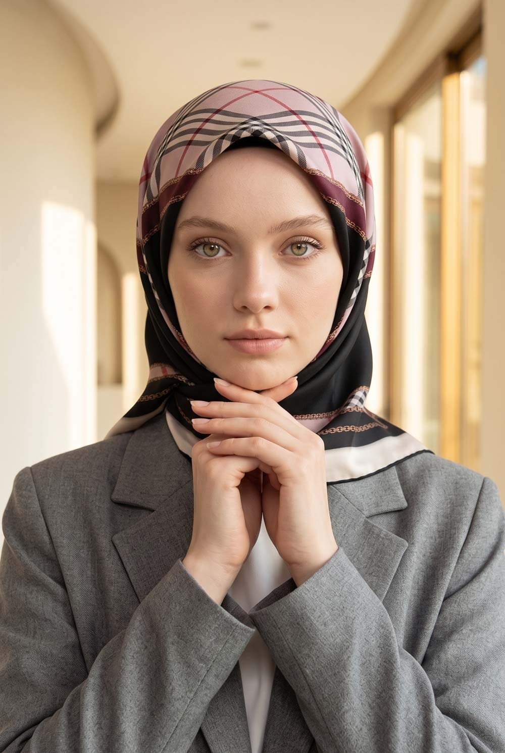 %100 Twill İpek Ekose Desenli Pudra - Şarabi Renkli 90x90 Eşarp Dikim Şekli : El Dikişi