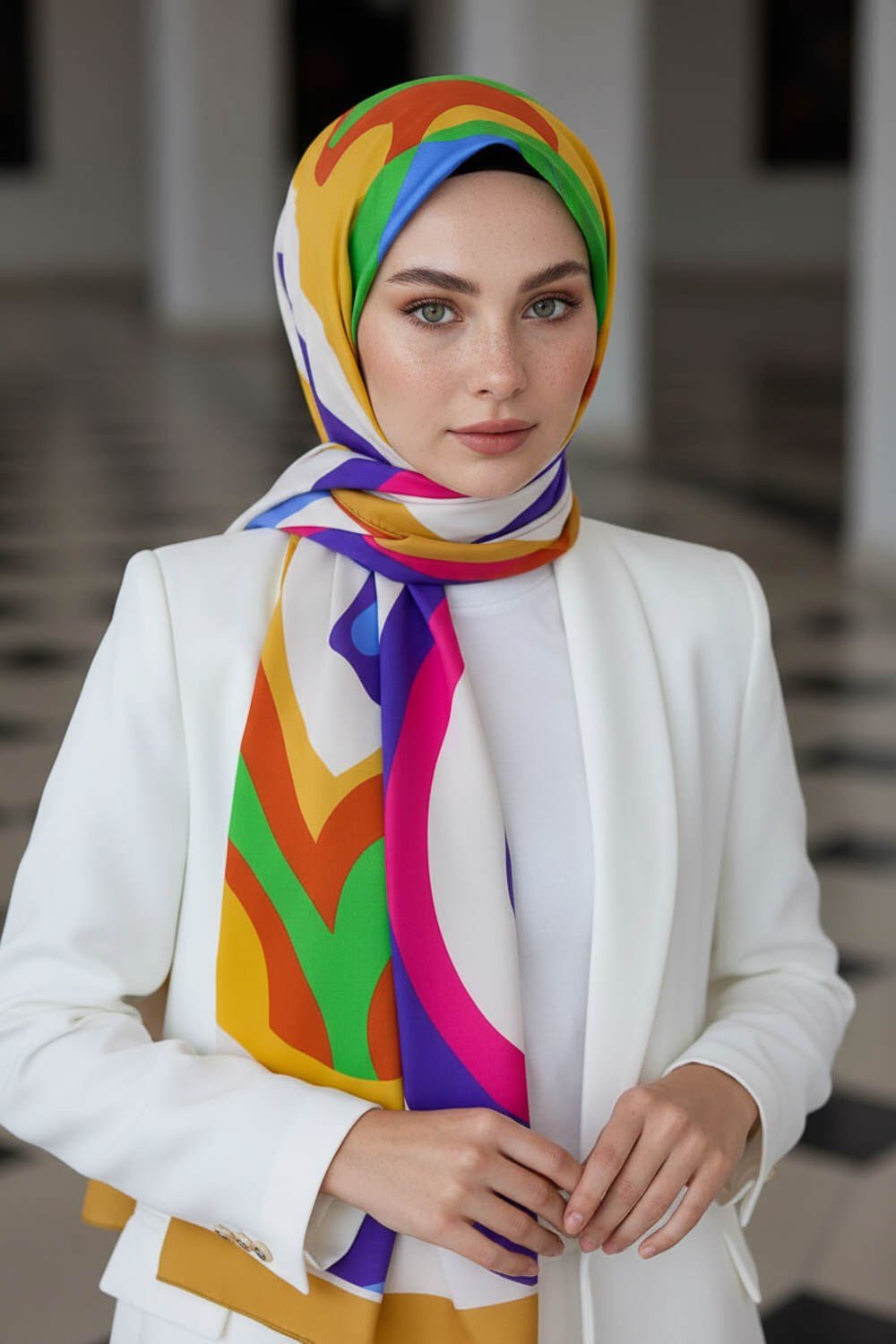 KREP GEOMETRİK DESENLİ SARI SRENKLİ 75X195 KIRIŞMAZ ŞAL