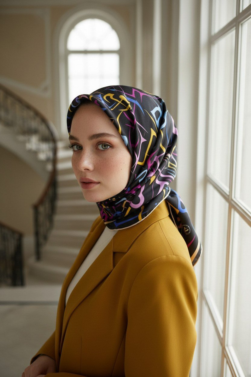 % 57 İPEK % 43 VİSKON Twill İpek Soyut Geometrik Desenli Sarı - Pembe Renkli 90x90 Eşarp Dikim Şekli : El Dikişi