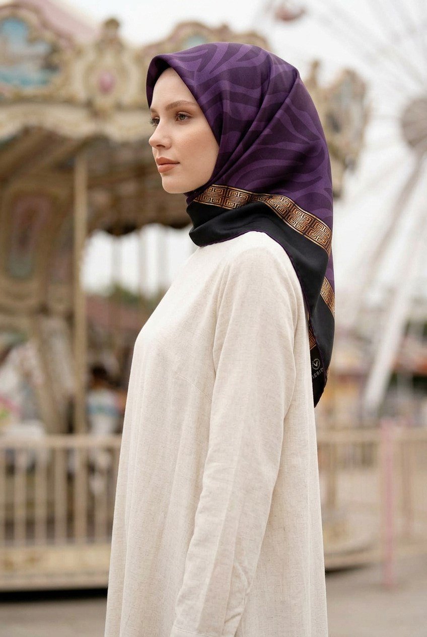 %100 Twill İpek Zebra Desenli Siyah - Mürdüm Renkli 90x90 Eşarp Dikim Şekli : El Dikişi