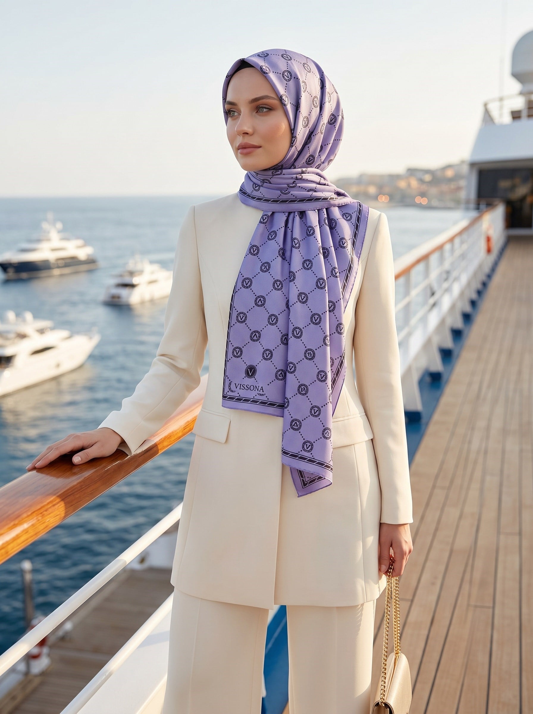 %100 Saf İpek Şal İnce Saten Vual Dokuma V Logo Desenli Lila Renkli 90x210 Şal