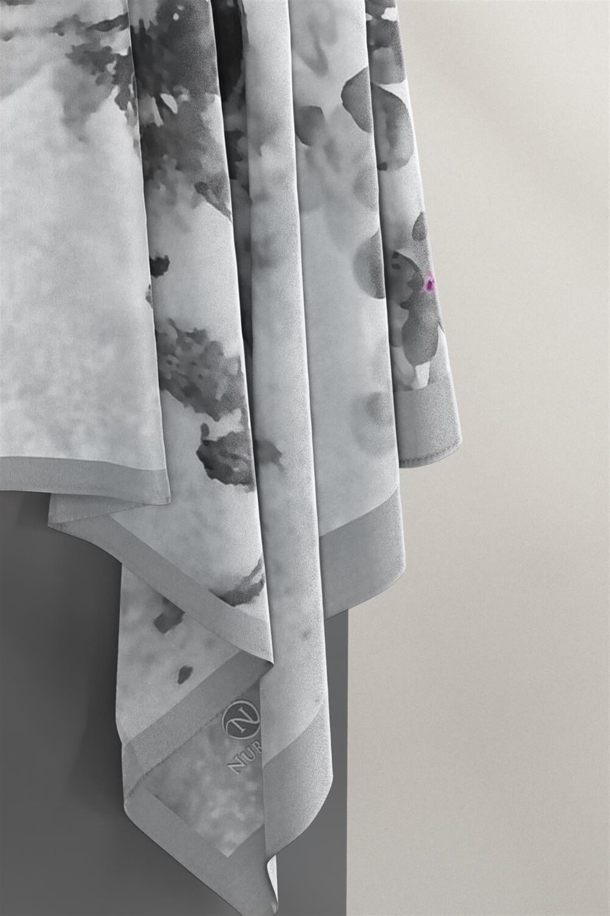 KREP ŞAL BATİK VE ÇİÇEK DESENLİ GRİ - MOR RENKLİ 70X190 KIRIŞMAZ ŞAL İTALYAN DİKİŞLİ