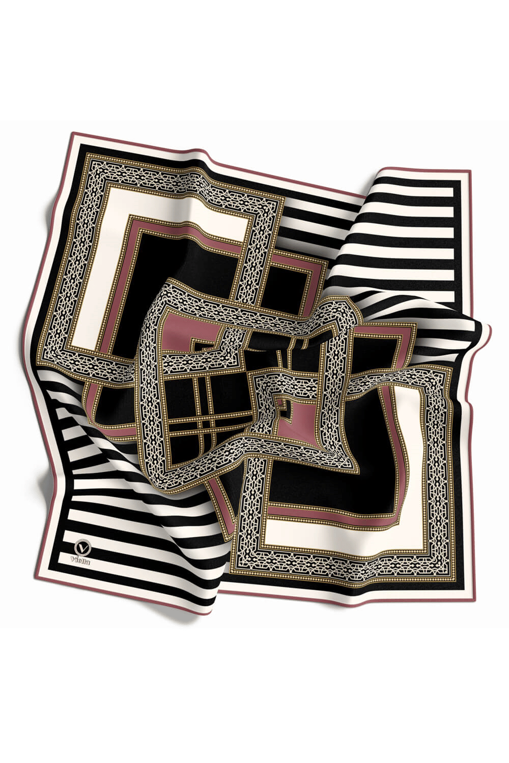 Twill Çizgili ve Kareli Desenli Gül Kurusu Renkli 90x90 Eşarp (İpek İçermez) Kenar Dikiş Şekli El Dikişli