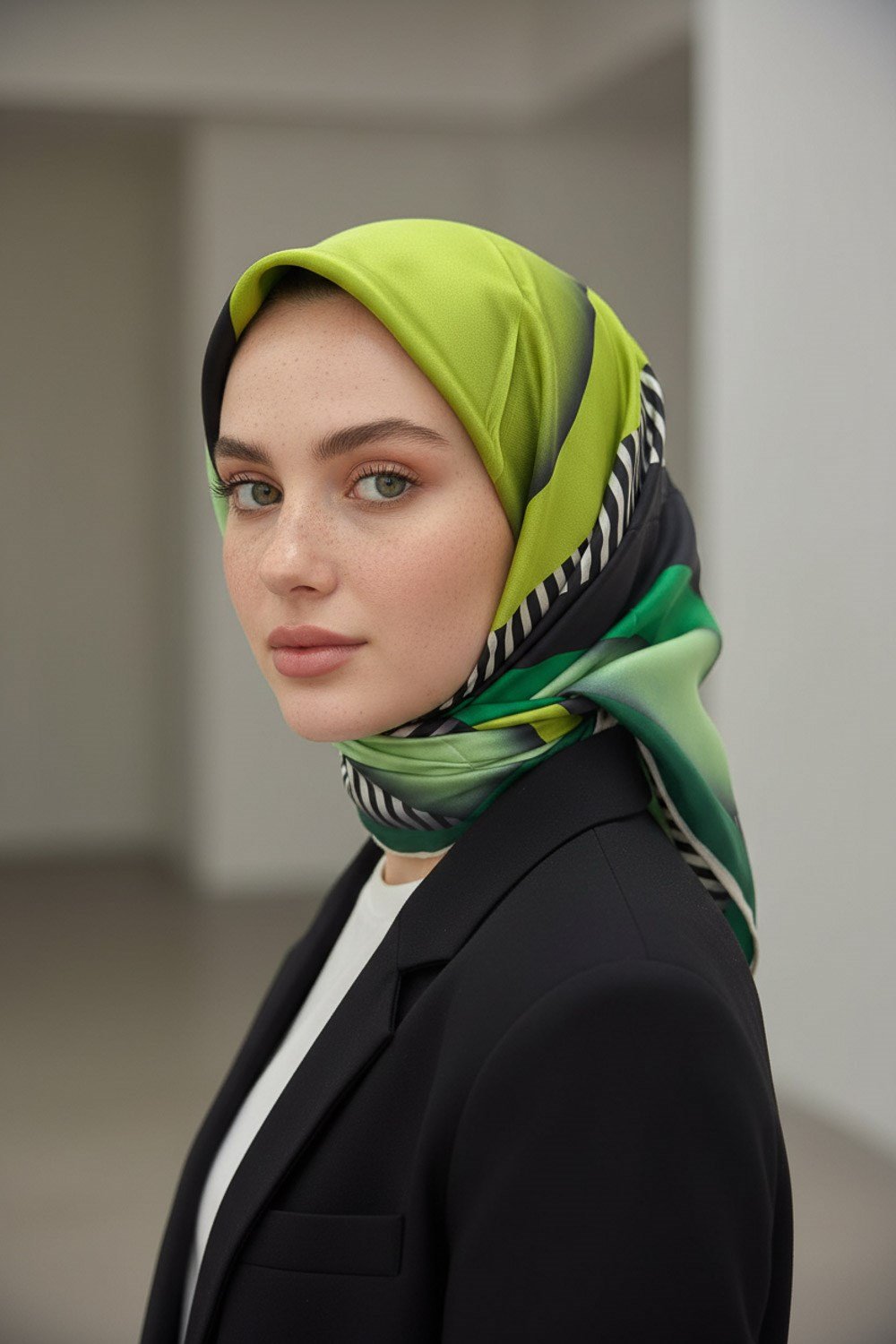 %100 Twill Renk Bloklu Çizgili Desenli Haki Yeşili - Zümrüt Yeşili Renkli 90x90 Eşarp Dikim Şekli: El Dikişii