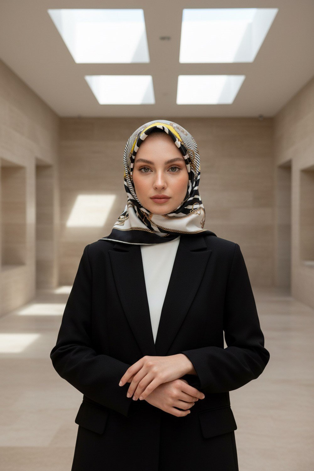 %100 Twill İpek Zincirli Ve Zebra Desenli Siyah - Limon Sarısı Renkli 90x90 Eşarp Dikim Şekli : El Dikişi