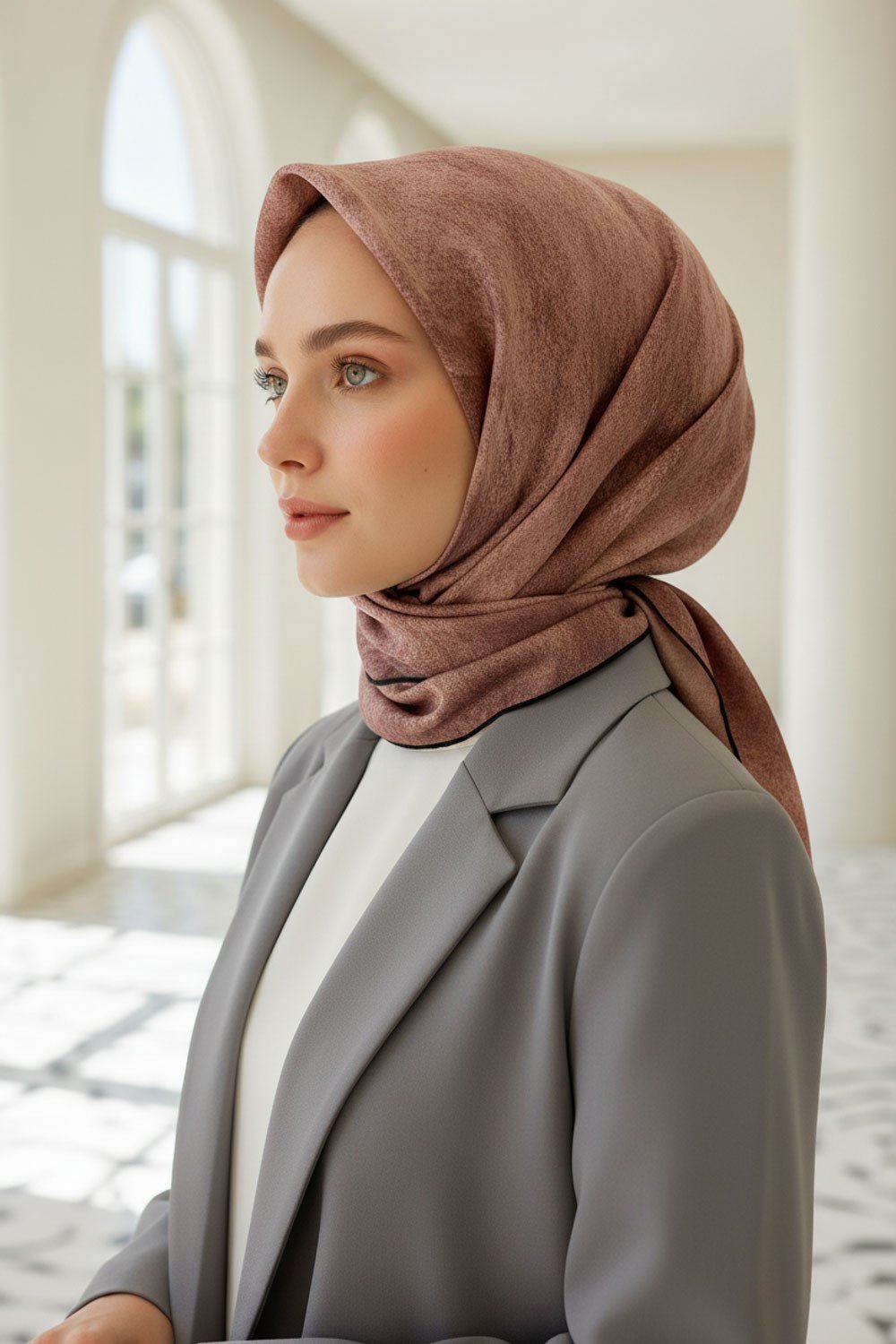 %100 Twill İpek Doku Desenli Pudra Renkli 90x90 Eşarp Dikim Şekli : El Dikişi