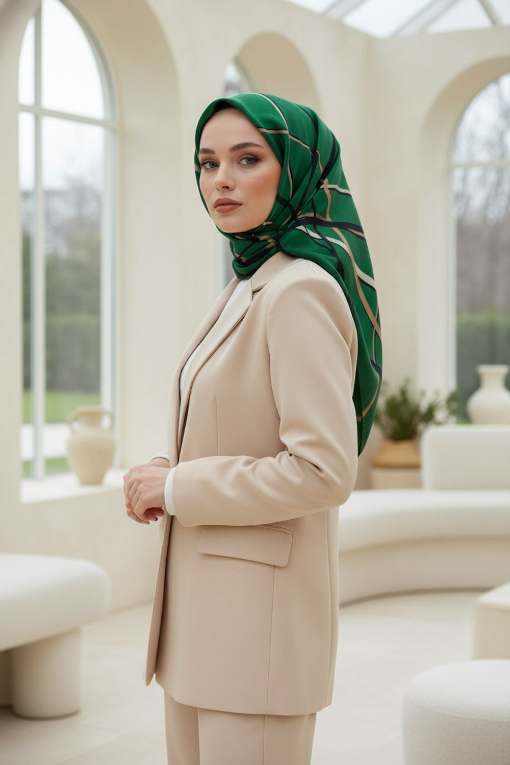 %100 Twill İpek Çizgili Desenli Zümrüt Yeşili - Siyah Renkli 90x90 Eşarp Dikim Şekli : El Dikişi