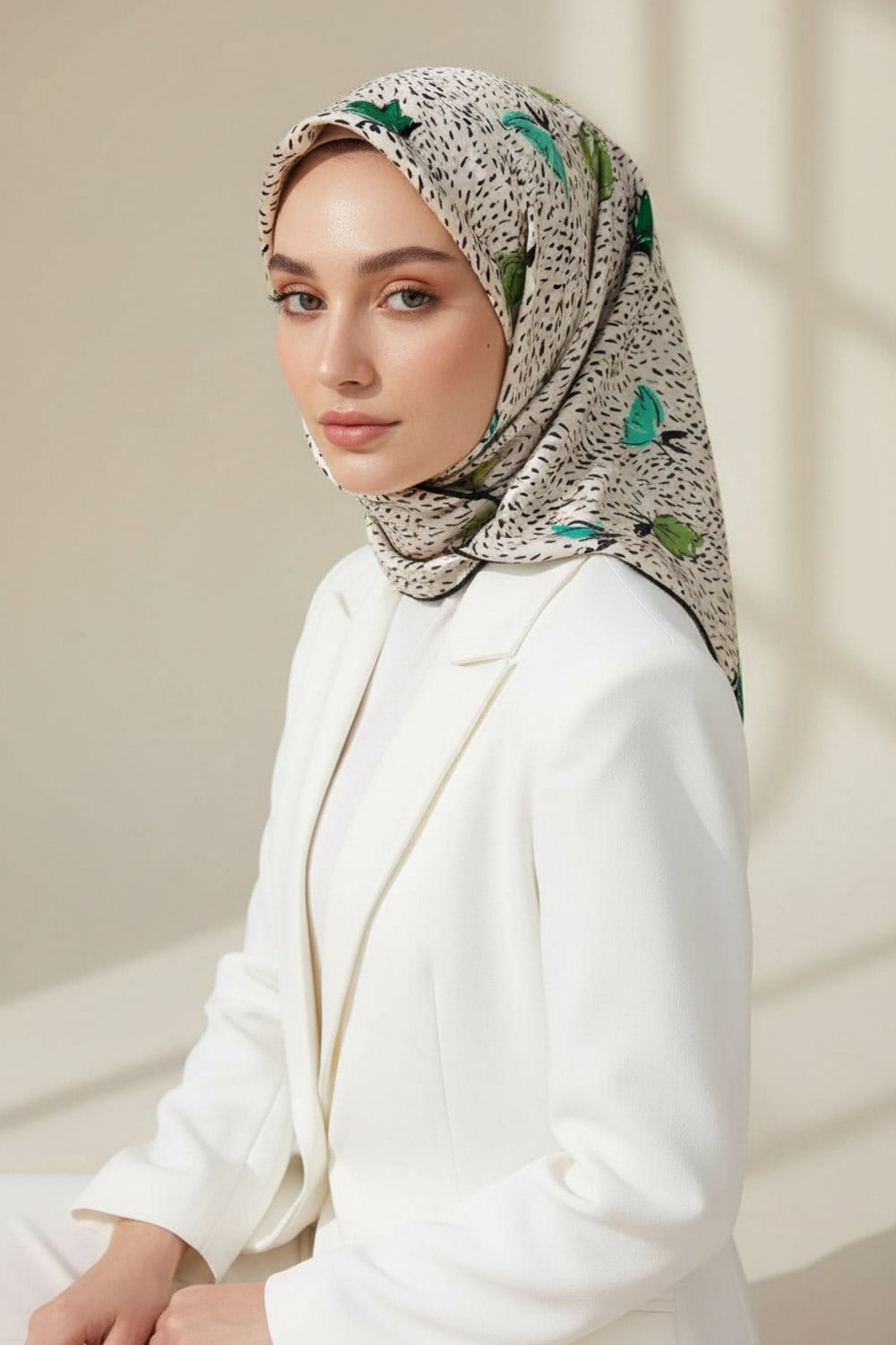 %100 Twill İpek Çıtır Çiçek Desenli Haki - Krem Renkli 90x90 Eşarp Dikim Şekli : El Dikişi