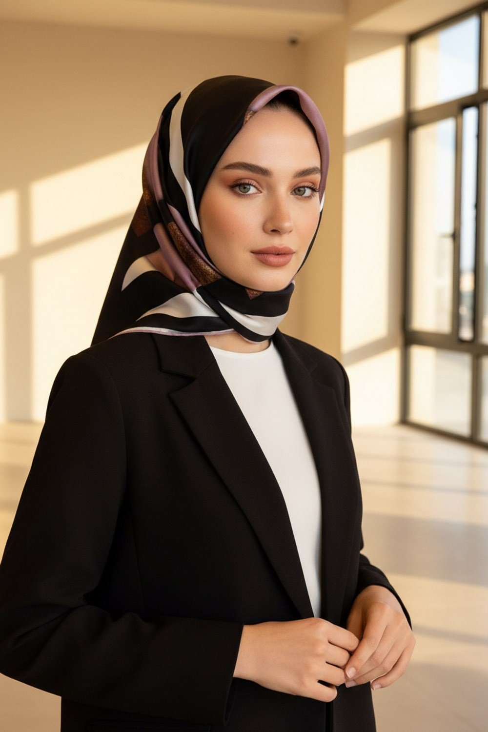 %100 Twill İpek Karo Desenli Pudra - Siyah Renkli 90x90 Eşarp Dikim Şekli : El Dikişi