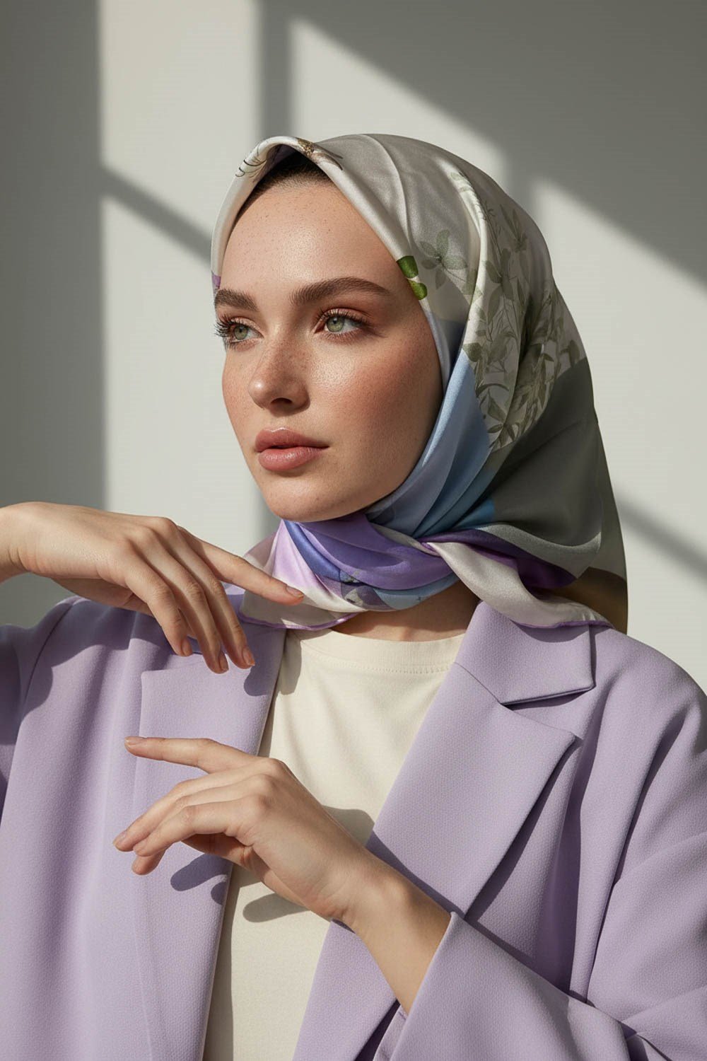 %100 Twill İpek Kareli Ve Çıtır Çiçek Desenli Lila - Bej Renkli 90x90 Eşarp Dikim Şekli : El Dikişi