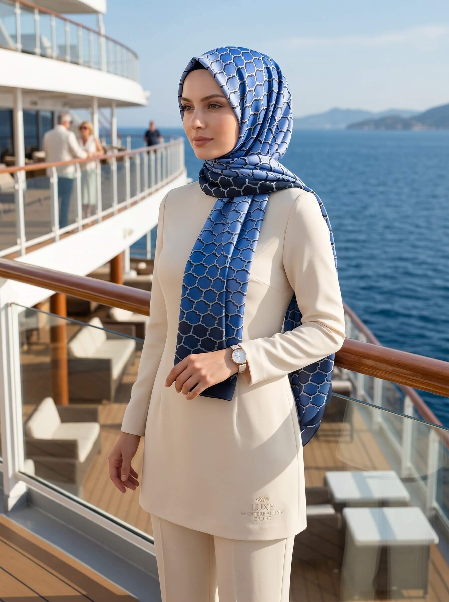 %100 Saf İpek Şal İnce Saten Vual Dokuma Petek Desenli Lacivert - Saks Renkli 90x210 Şal