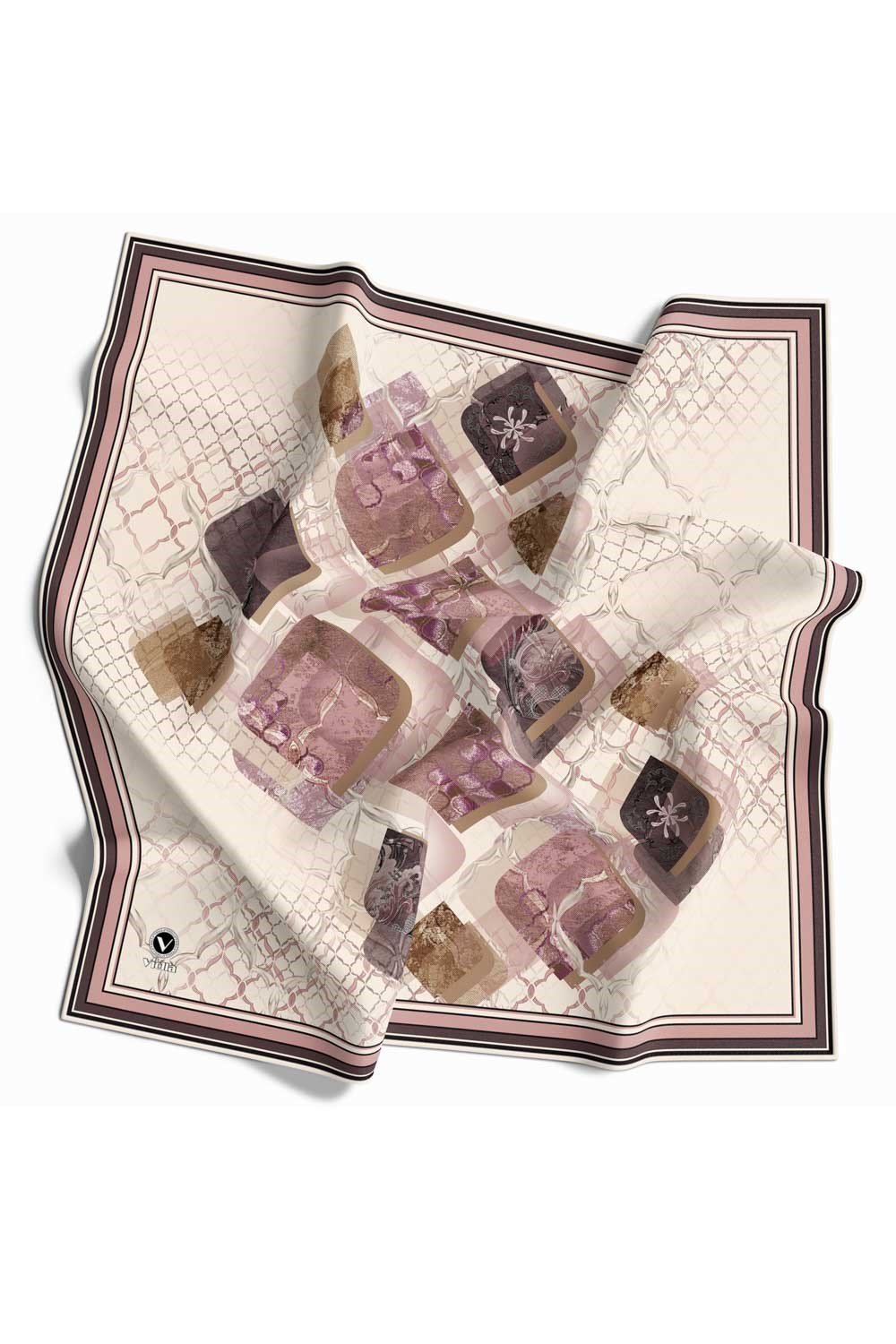 Kristal Geometrik Taş Desenli Krem - Pudra Renkli 90x90 Eşarp (İpek İçermez) Dikim Şekli : El Dikişi