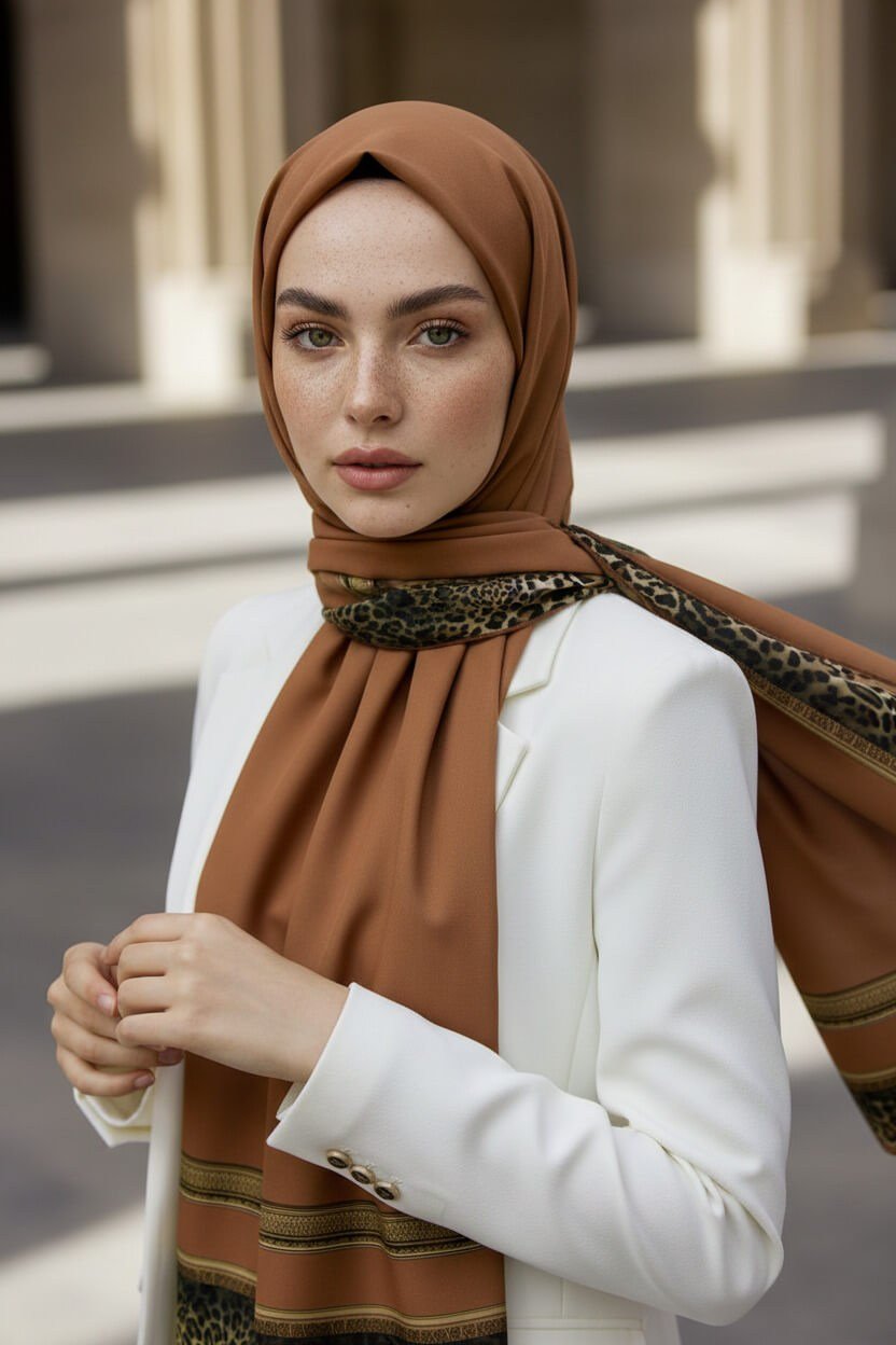 KREP LEOPAR BORDÜR DESENLİ BAKIR RENKLİ 75X195 KIRIŞMAZ ŞAL