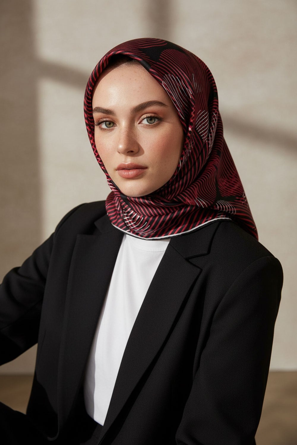 %100 Twill İpek Çizgili Çiçek Desenli Siyah - Bordo Renkli 90x90 Eşarp Dikim Şekli : El Dikişi