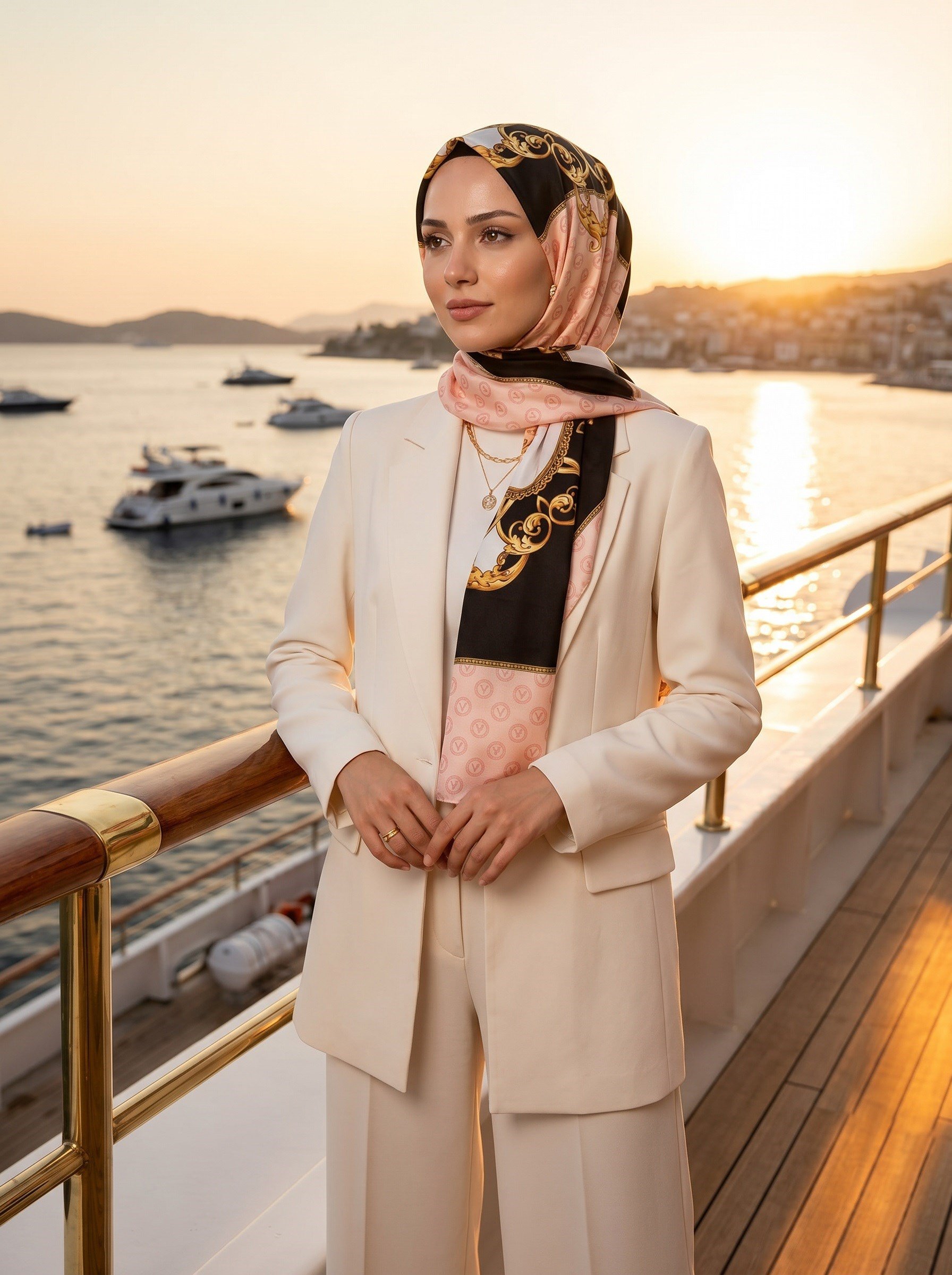 %100 Saf İpek Şal İnce Saten Vual Dokuma Monogram Ve Varak Desenli Somon - Gold Renkli 90x210 Şal