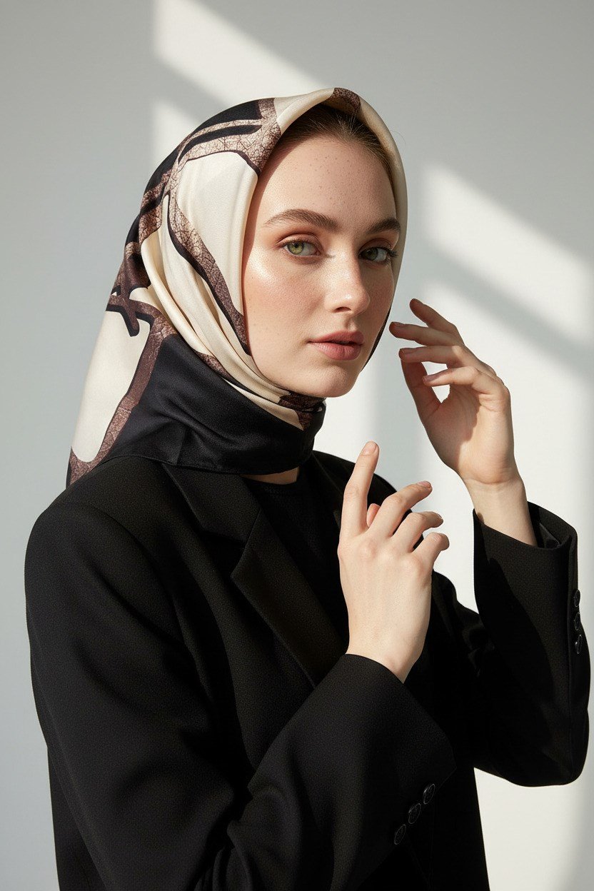 % 57 İPEK % 43 VİSKON Twill İpek Gold Efektli Geometrik Desenli Siyah - Krem Renkli 90x90 Eşarp Dikim Şekli : El Dikişi