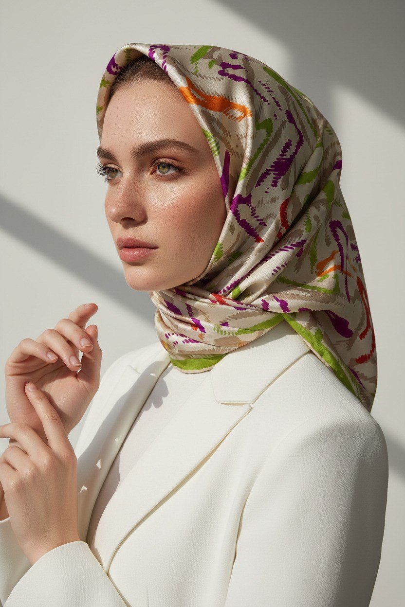 %100 Twill İpek Geometrik Desenli Fıstık Yeşili - Mürdüm Renkli 90x90 Eşarp Dikim Şekli : El Dikişi
