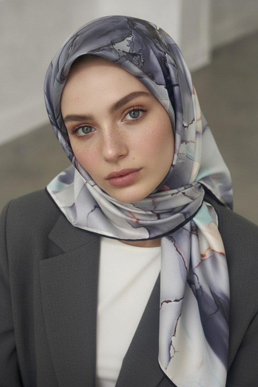 %100 Twill İpek Batik Çiçek Desenli Gri - Bebe Mavisi Renkli 90x90 Eşarp Kenar Dikiş Şekli El Dikişli