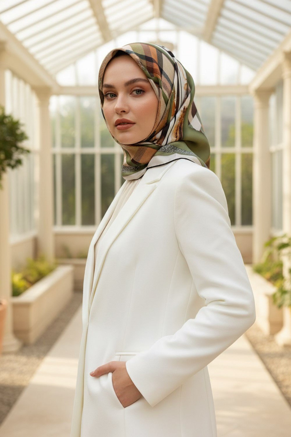 %100 Twill İpek Eşarp 90x90 Haki Bakır Ekose Desenli El Dikişli Kadın Eşarp