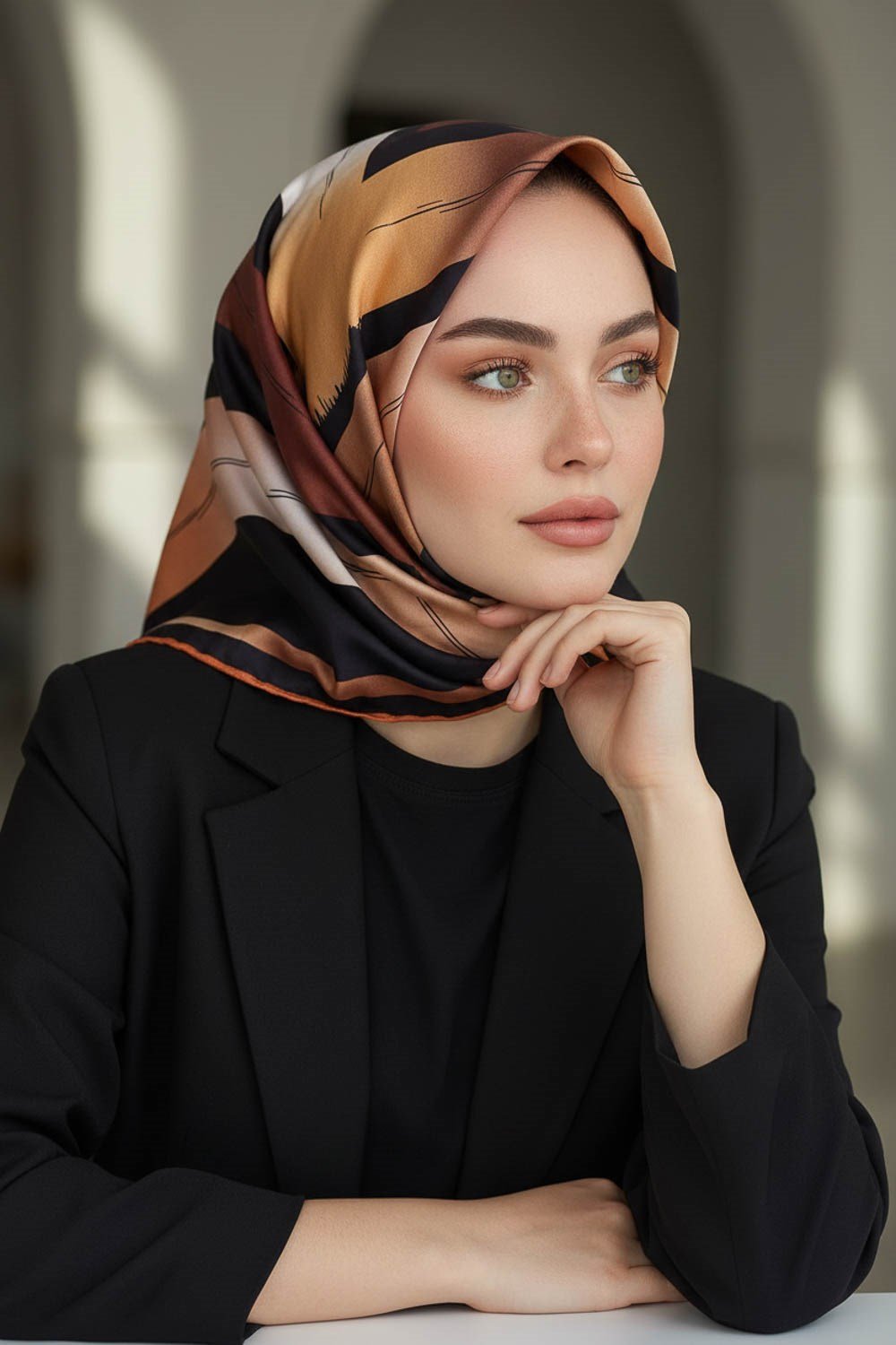 %100 Twill İpek Geometrik Fırça İzi Desenli Siyah - Taba Renkli 90x90 Eşarp Dikim Şekli : El Dikişi