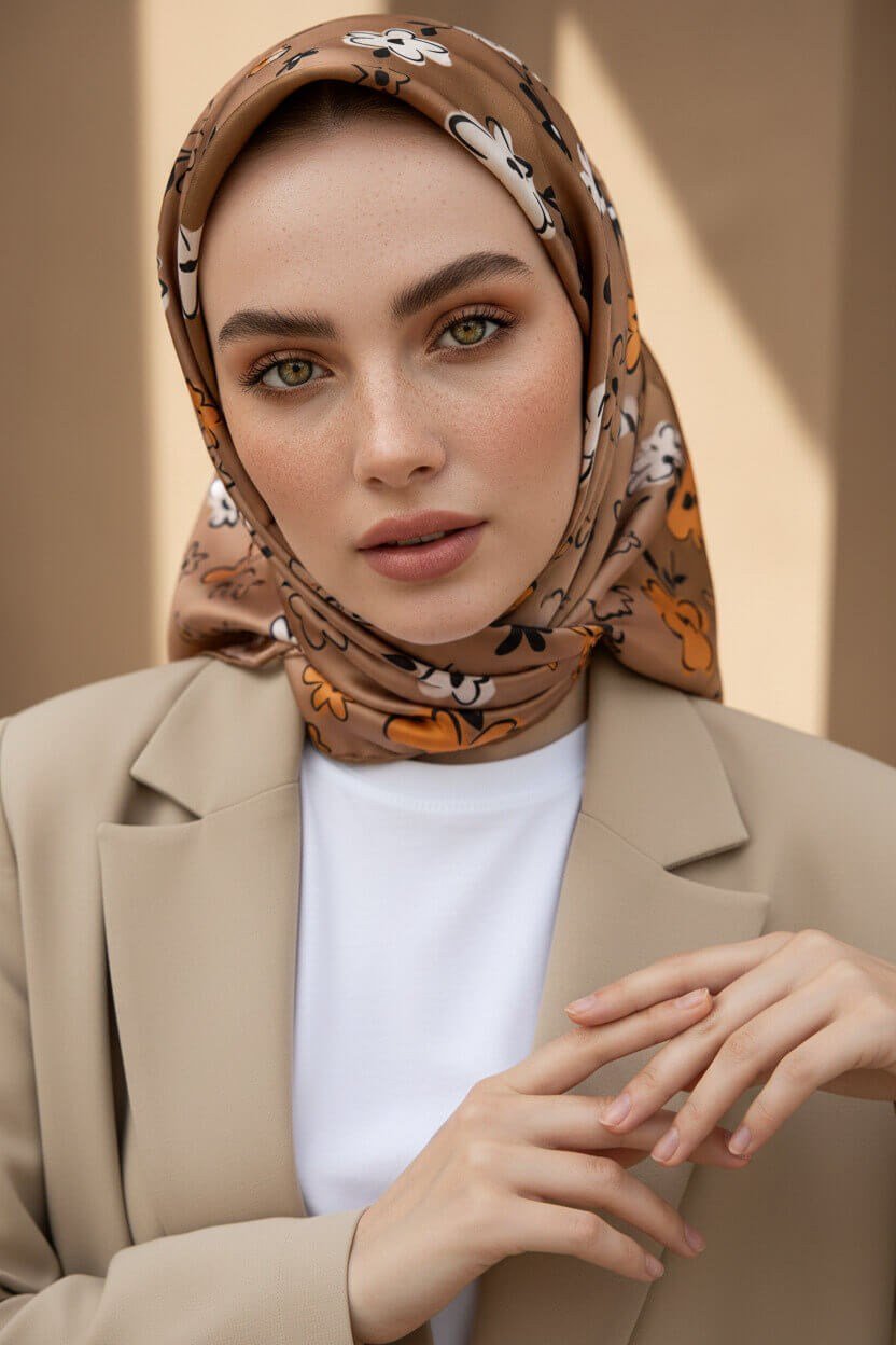 Rayon Papatya Desenli Bej Renkli 90x90 Eşarp (İpek İçermez) Kenar Dikiş Şekli El Dikişli