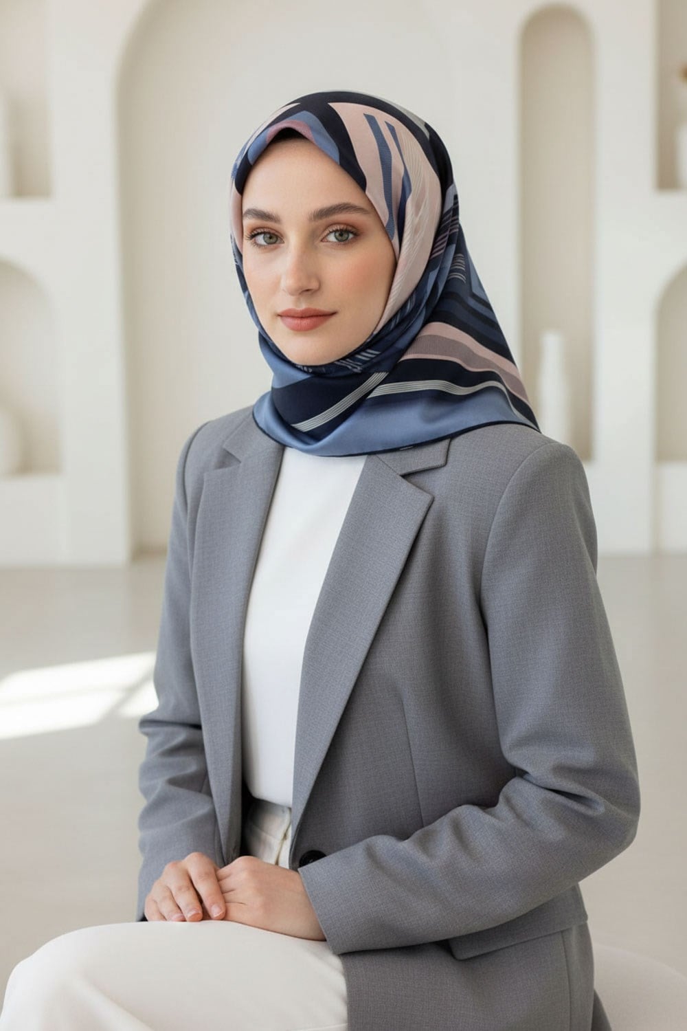 %100 Twill İpek Kare Desenli İndigo - Pudra Renkli 90x90 Eşarp Kenar Dikiş Şekli El Dikişli