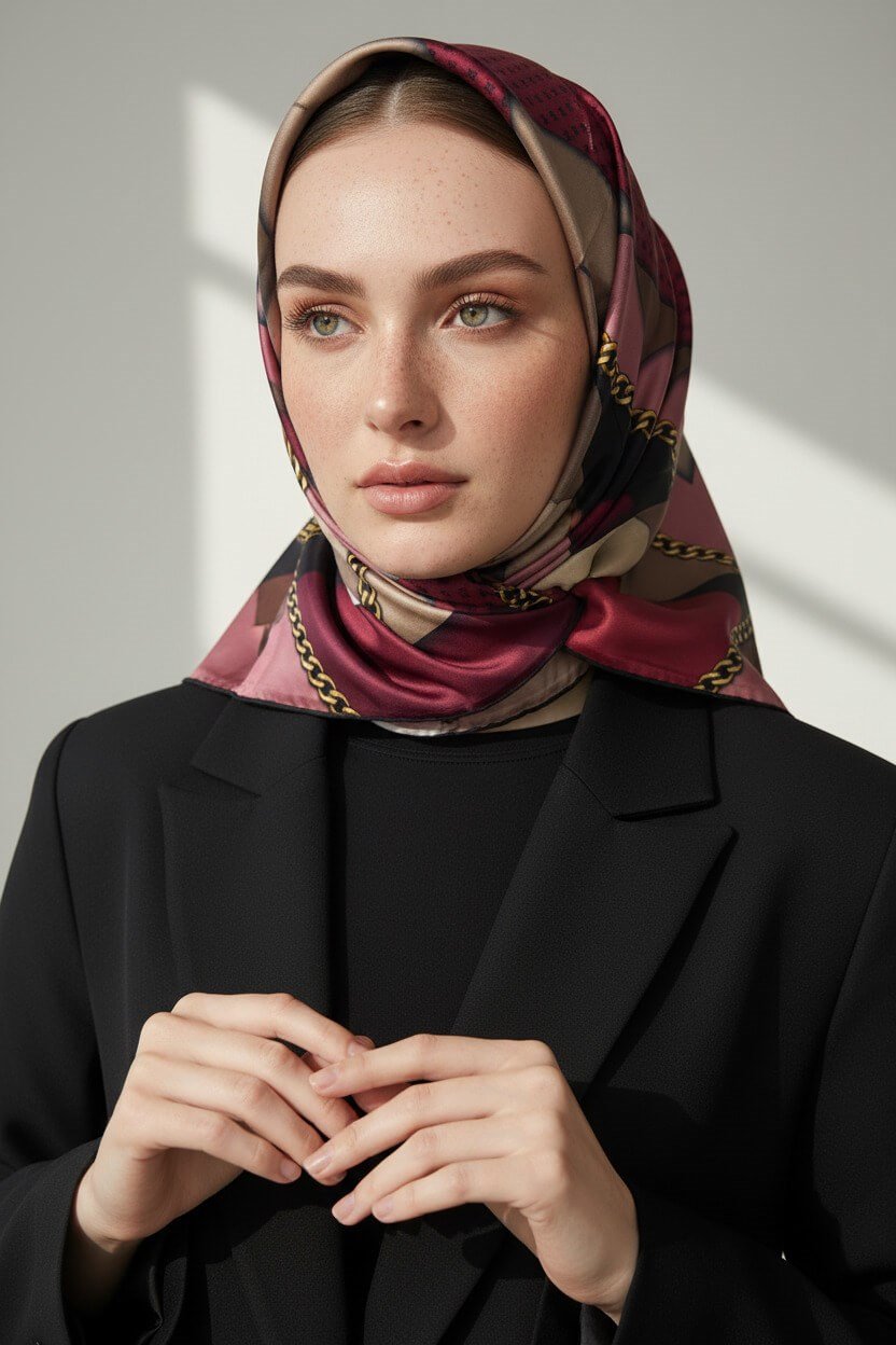 %100 Twill İpek Geometrik Desenli Bordo - Bej Renkli 90x90 Eşarp Dikim Şekli : El Dikişi