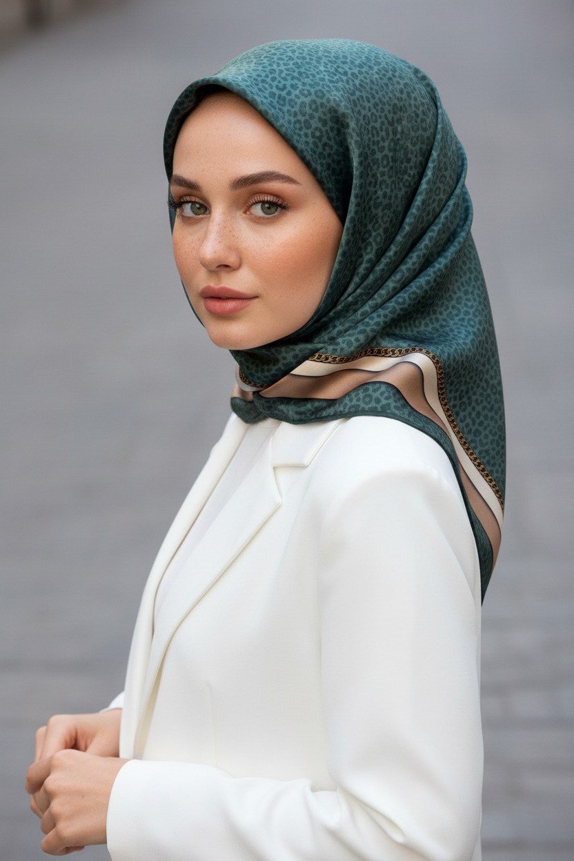 % 57 İPEK % 43 VİSKON Twill İpek Leopar Desenli Petrol Yeşili Renkli 90x90 Eşarp Dikim Şekli : El Dikişi