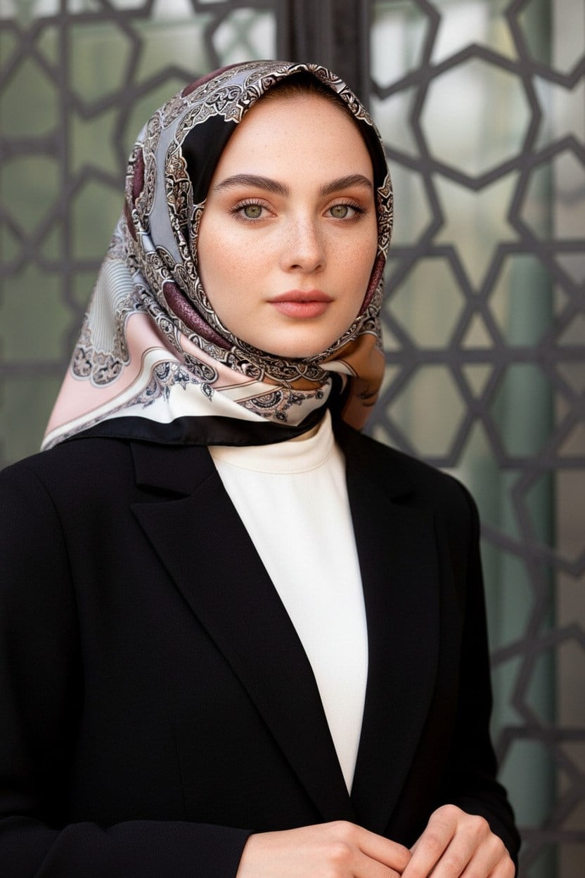 %100 Twill Türk Motifi  Desenli Pudra - Bej Renkli 90x90 Eşarp Dikim Şekli: El Dikişi