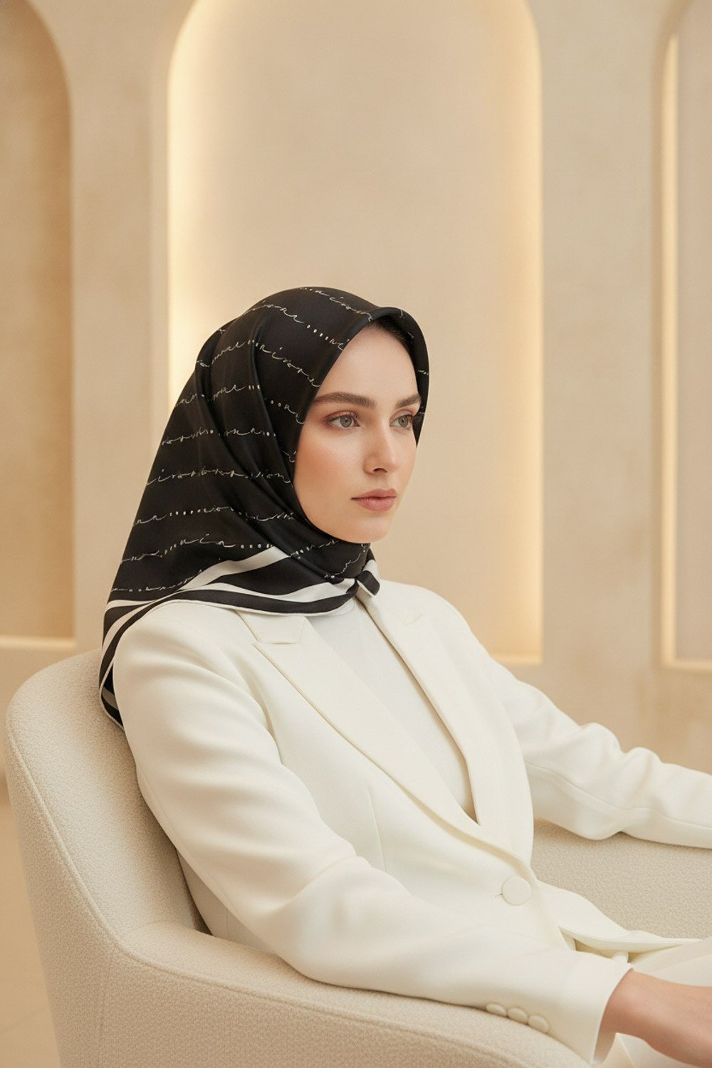 %100 Twill İpek Eşarp 90x90 El Yazısı Vissona Desenli El Dikişli Kadın Eşarp