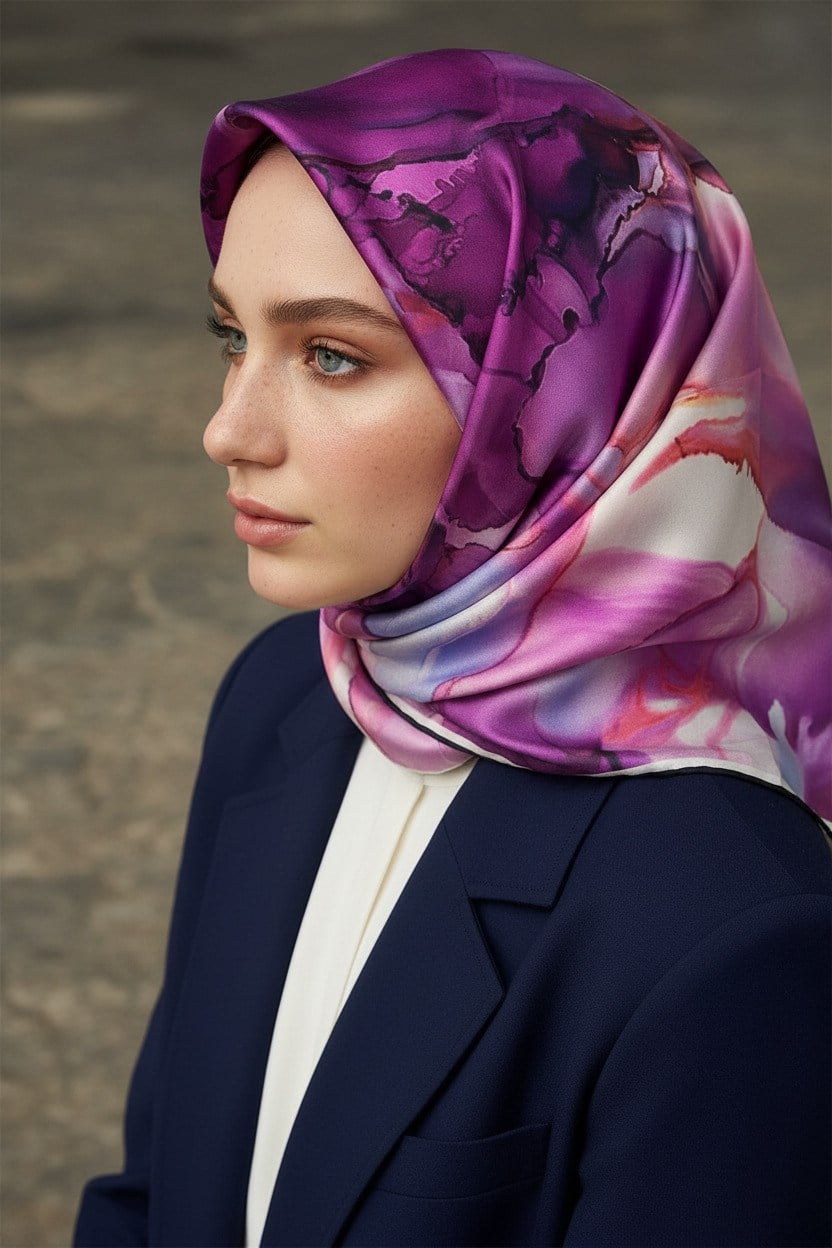 %100 Twill İpek Batik Çiçek Desenli Mürdüm - İndigol Renkli 90x90 Eşarp Kenar Dikiş Şekli El Dikişli