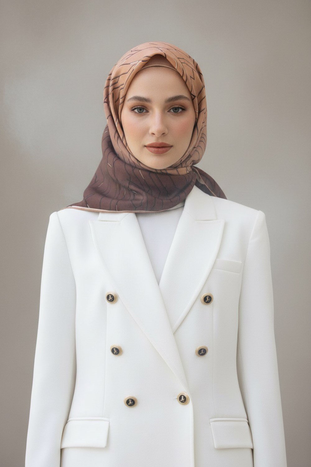 % 57 İPEK % 43 VİSKON Twill İpek Geometrik Desenli Bakır Renkli 90x90 Eşarp Dikim Şekli : El Dikişi