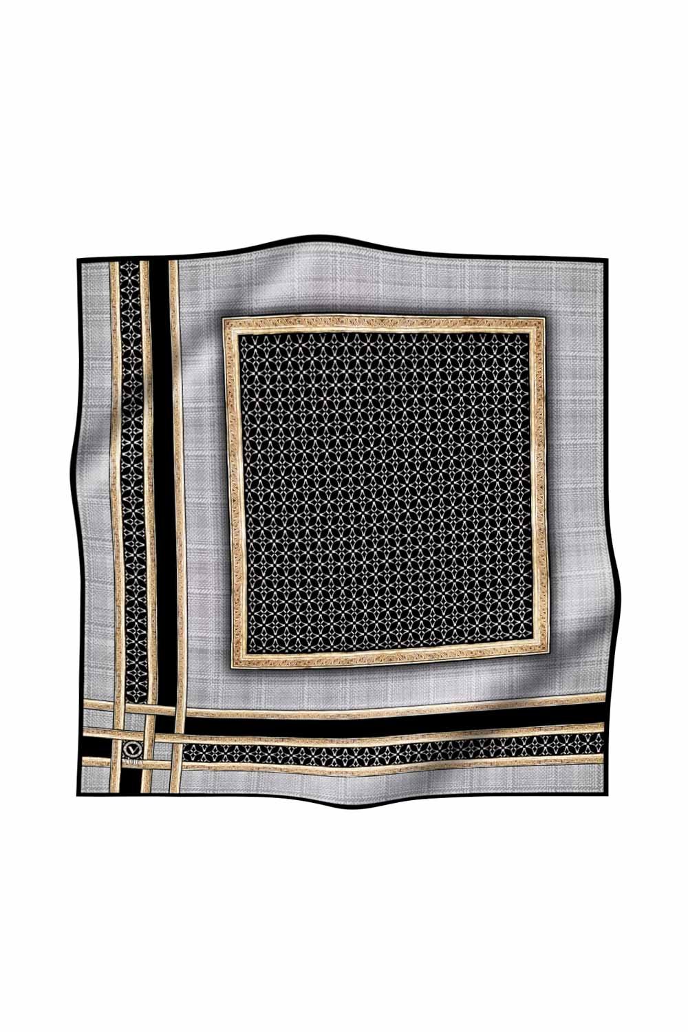 Twill Gold Bordürlü Geometrik Desenli Gri Renkli 90x90 Eşarp (İpek İçermez) Kenar Dikiş Şekli El Dikişli