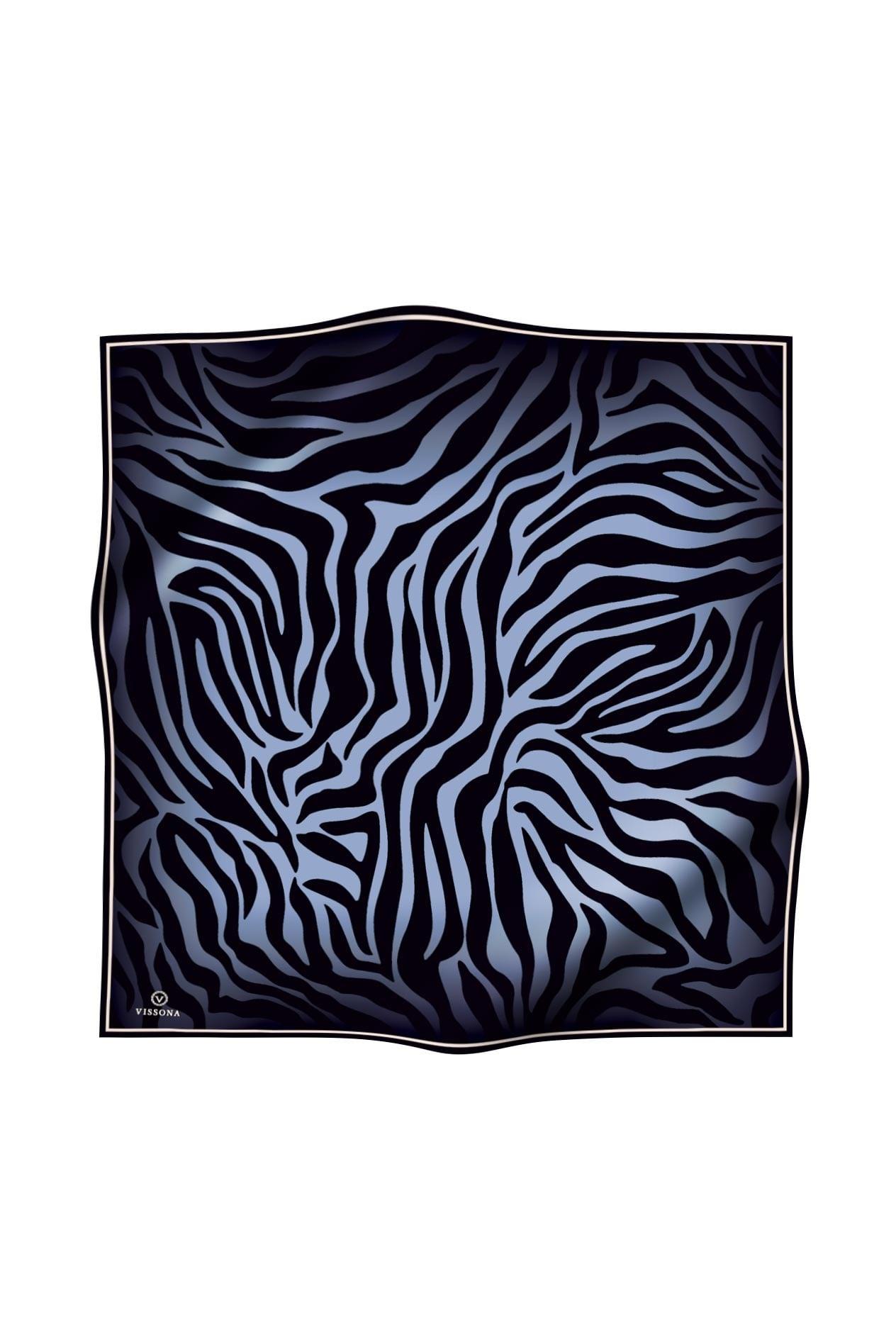 %100 Twill İpek Zebra Desenli İndigo - Siyah Renkli 90x90 Eşarp Dikim Şekli : El Dikişi