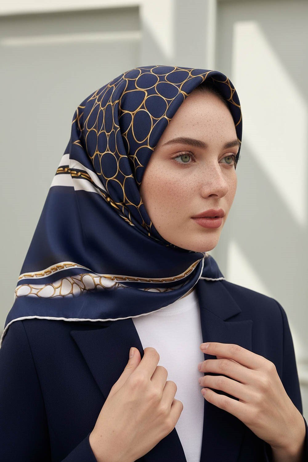 %100 Twill İpek Gold Halka Desenli Lacivert - Krem Renkli 90x90 Eşarp Dikim Şekli : El Dikişi