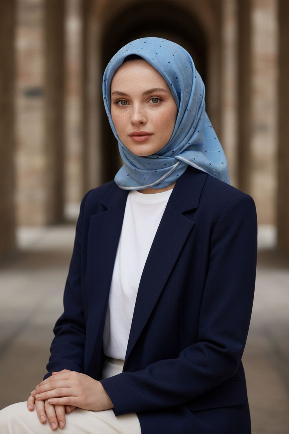 % 57 İPEK % 43 VİSKON Twill İpek Minik V Desenli Bebe Mavisi Renkli 90x90 Eşarp Dikim Şekli : El Dikişi