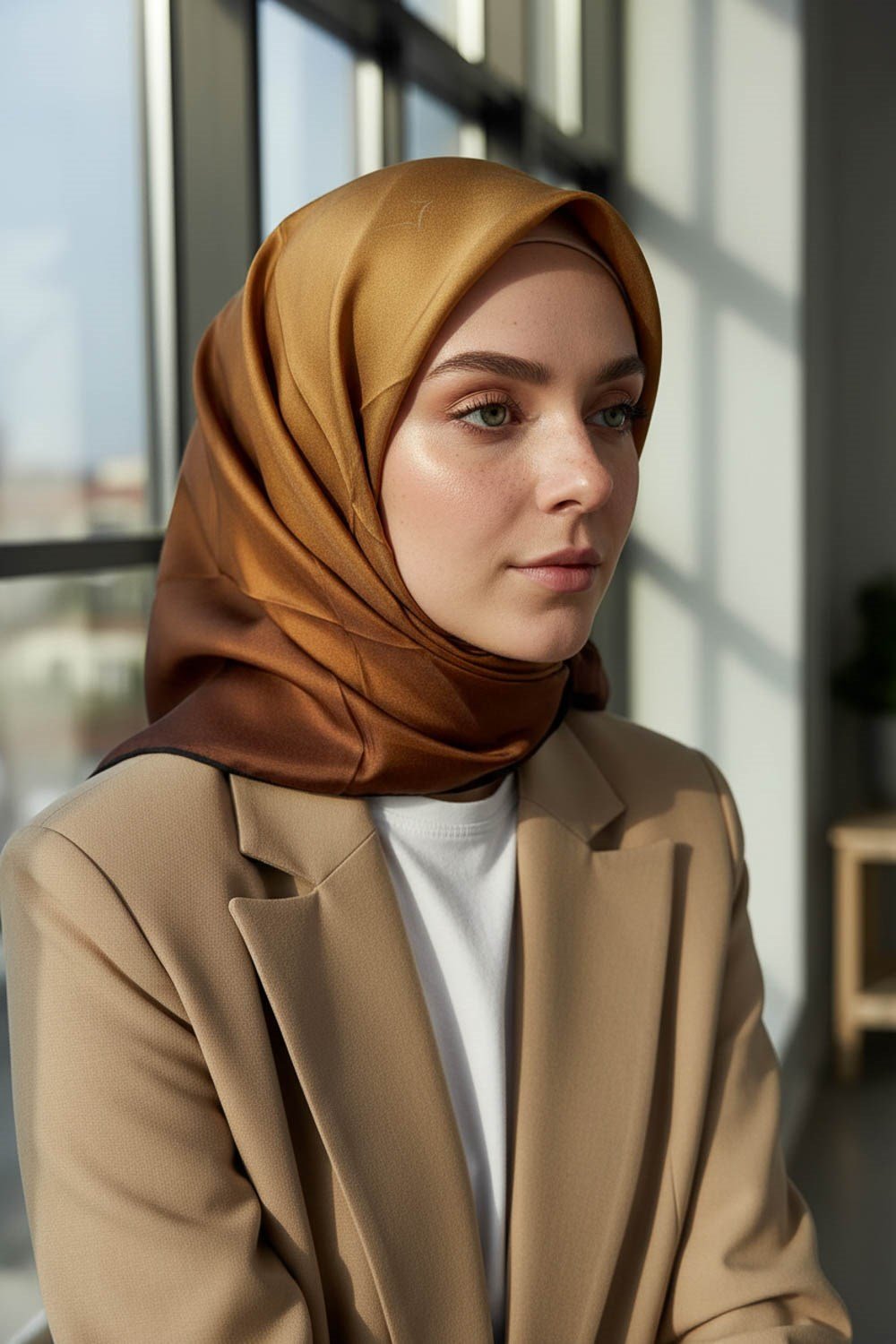 %100 Twill İpek Eşarp 90x90 Gold Degrade Desenli El Dikişli Kadın Eşarp