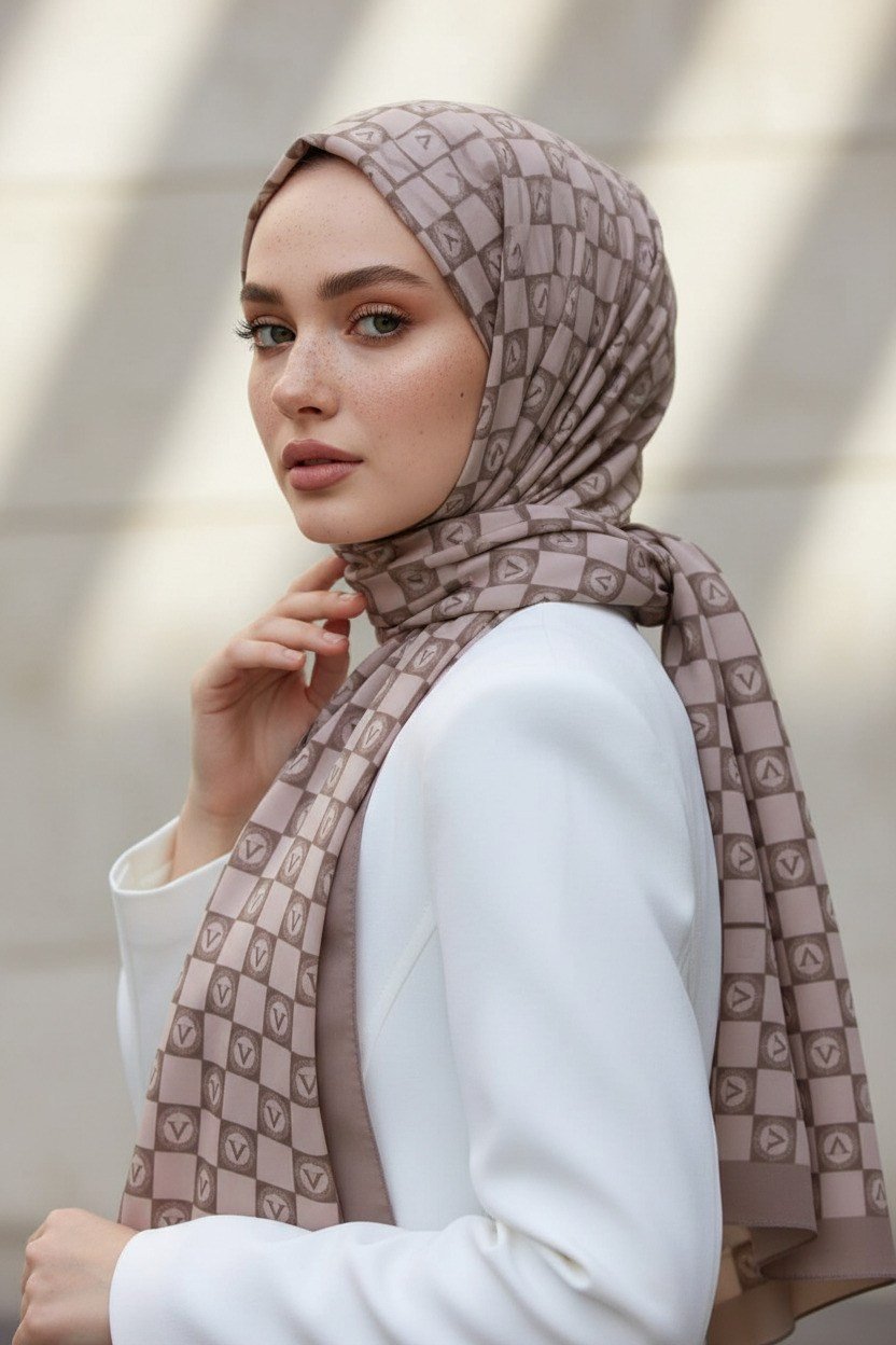 KREP MONOGRAM DESENLİ TAŞ RENKLİ 75X195 KIRIŞMAZ ŞAL