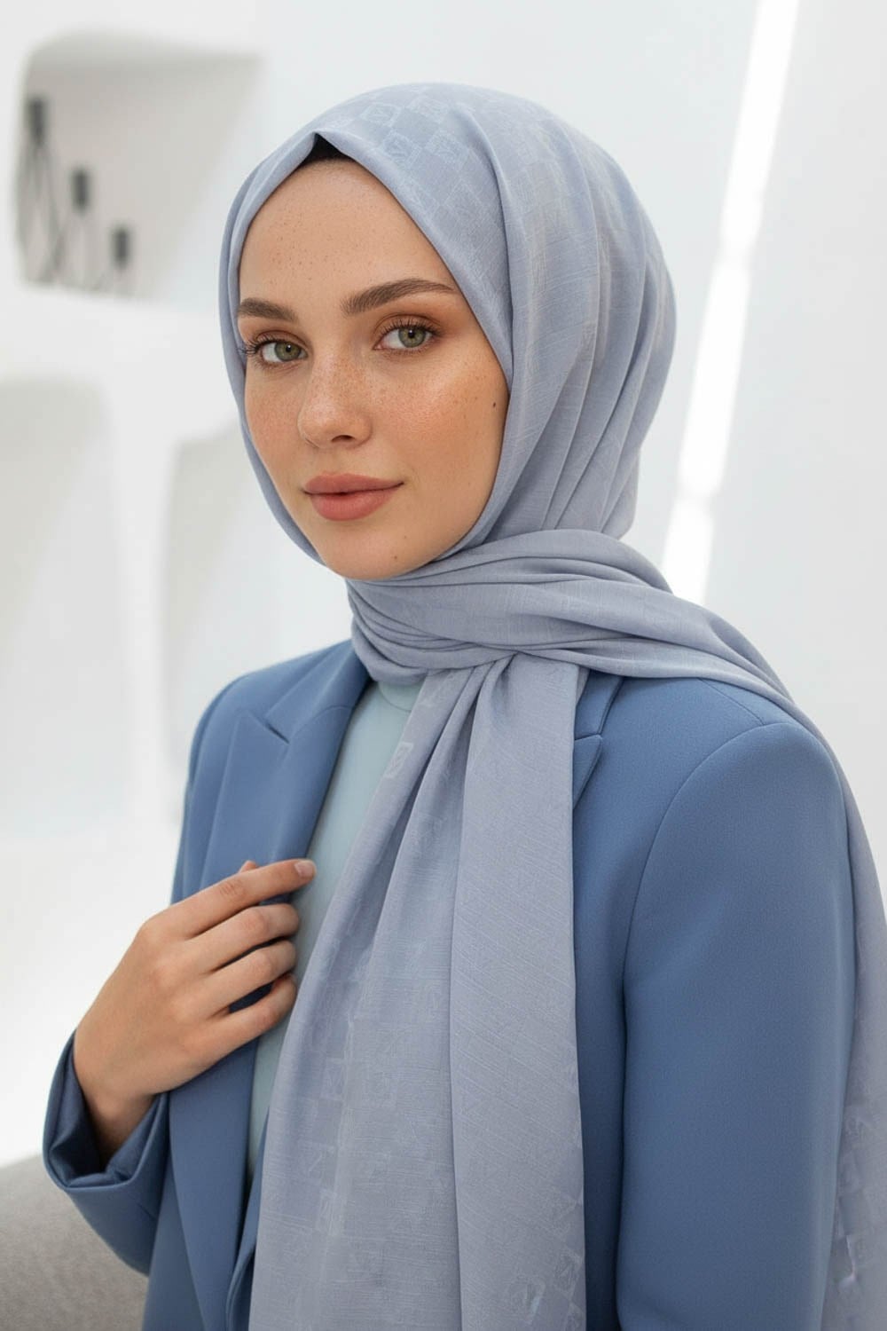 Vissona %57 İPEK %43 PAMUK Monogram Desenli Gümüş Renkli Şal -  70x190 Dikiş Tipi İtalyan Dikişli